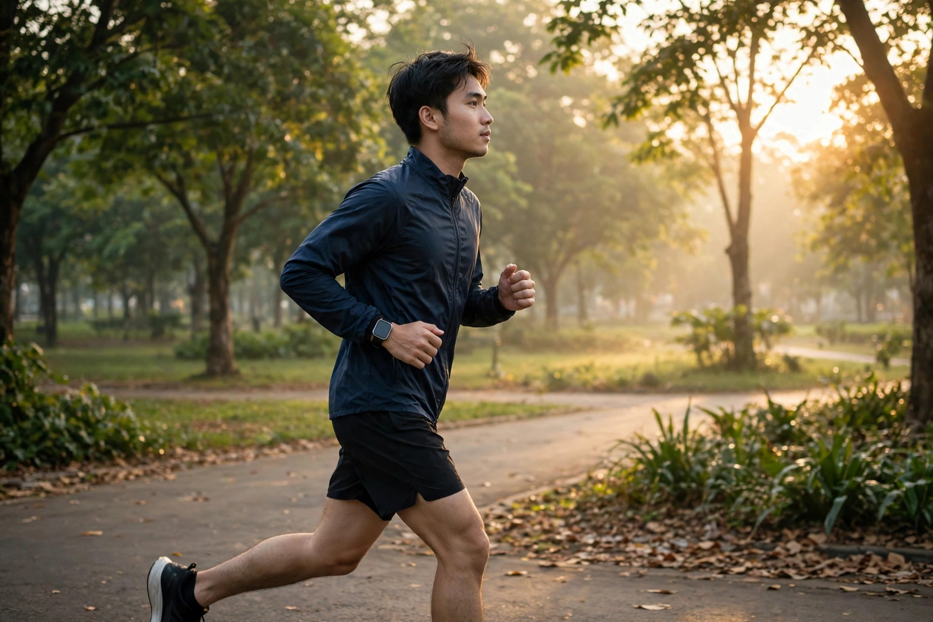 Người chạy bộ đeo đồng hồ thông minh buổi sáng trong công viên