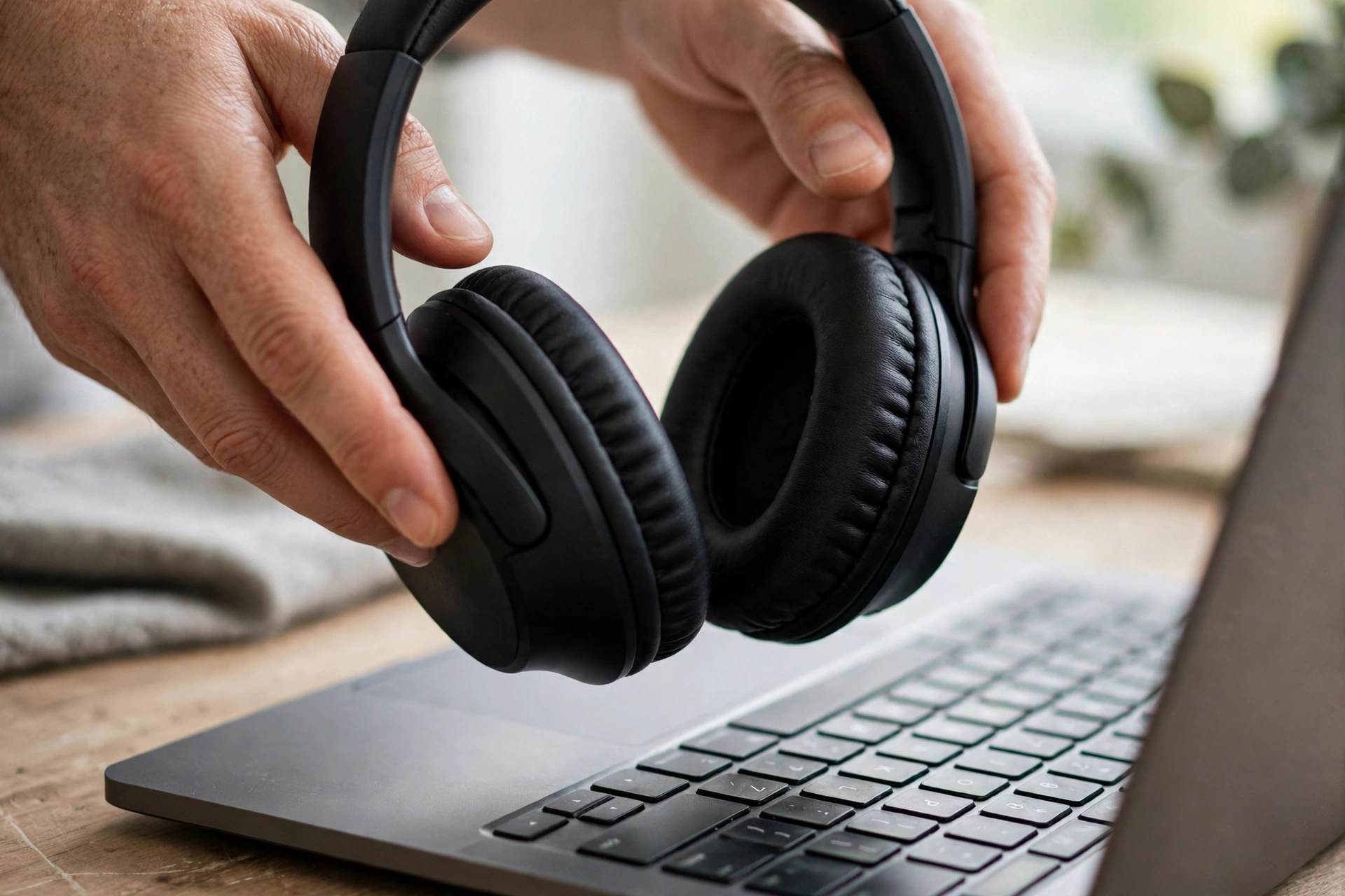 Hai bàn tay đang cầm chiếc tai nghe chống ồn màu đen trên bàn làm việc có laptop