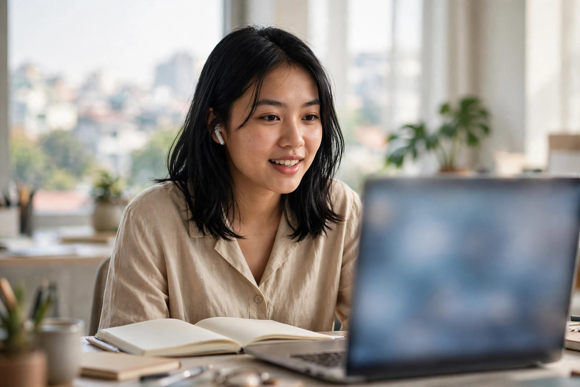 Nhân viên văn phòng đeo tai nghe họp online