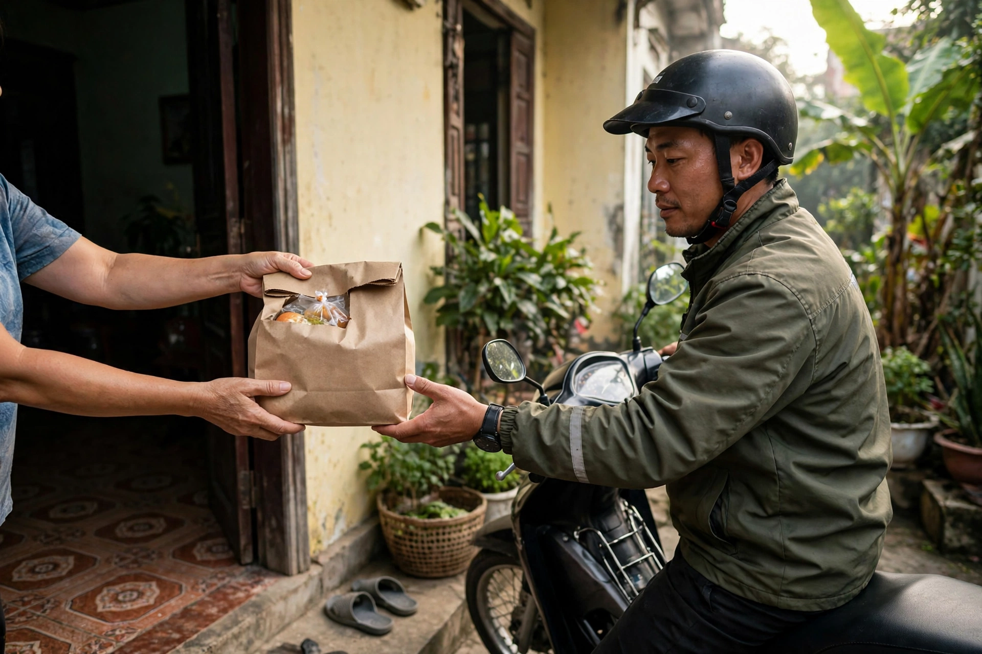 Người bán trao túi đồ ăn sáng cho shipper xe máy trước cửa nhà vào buổi sáng