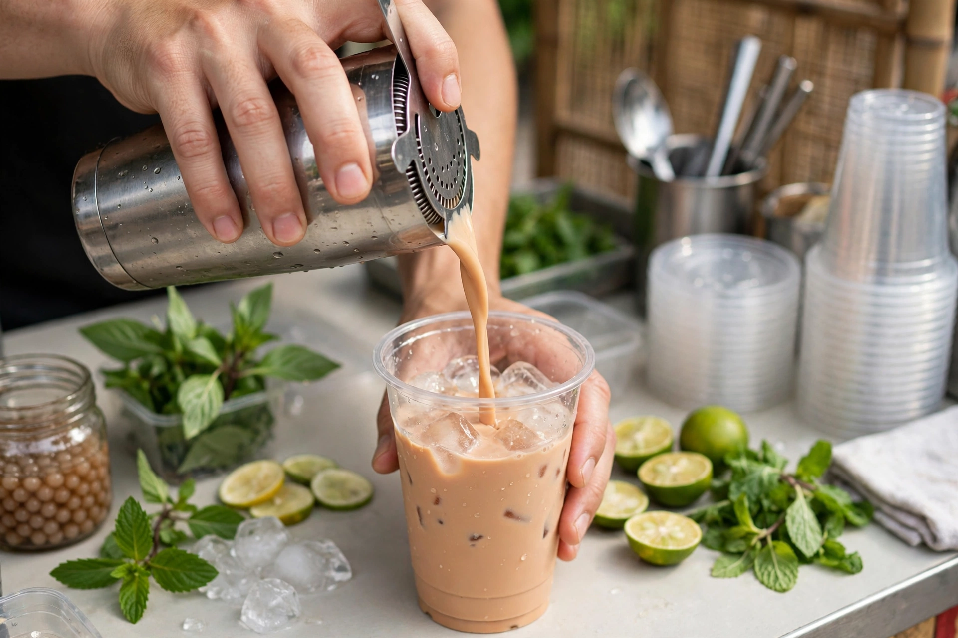 Đôi tay đang pha trà sữa vào ly nhựa có đá tại quầy nhỏ