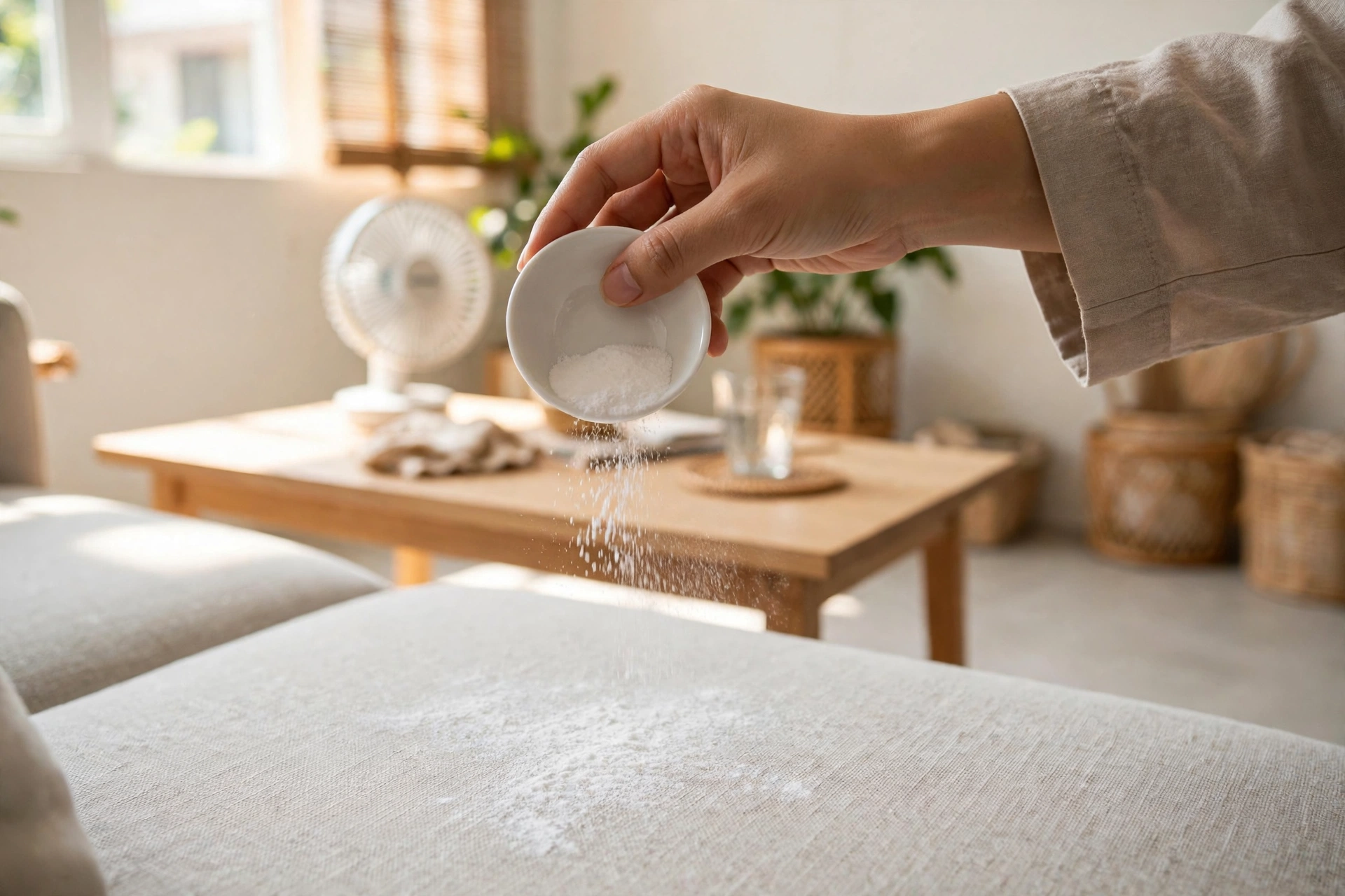 Rắc baking soda khử mùi cho sofa vải