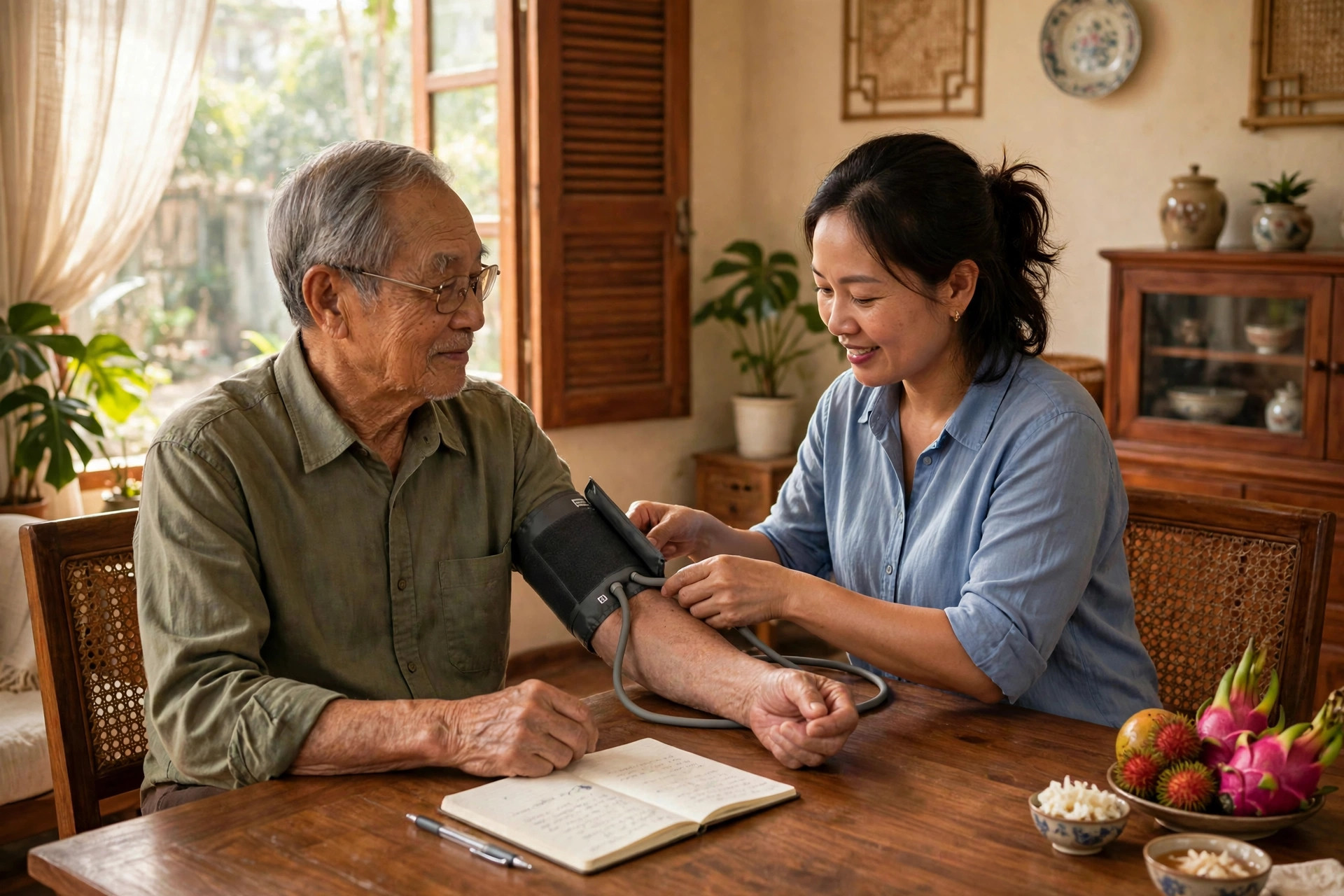 Con gái đo huyết áp cho bố già tại bàn ăn