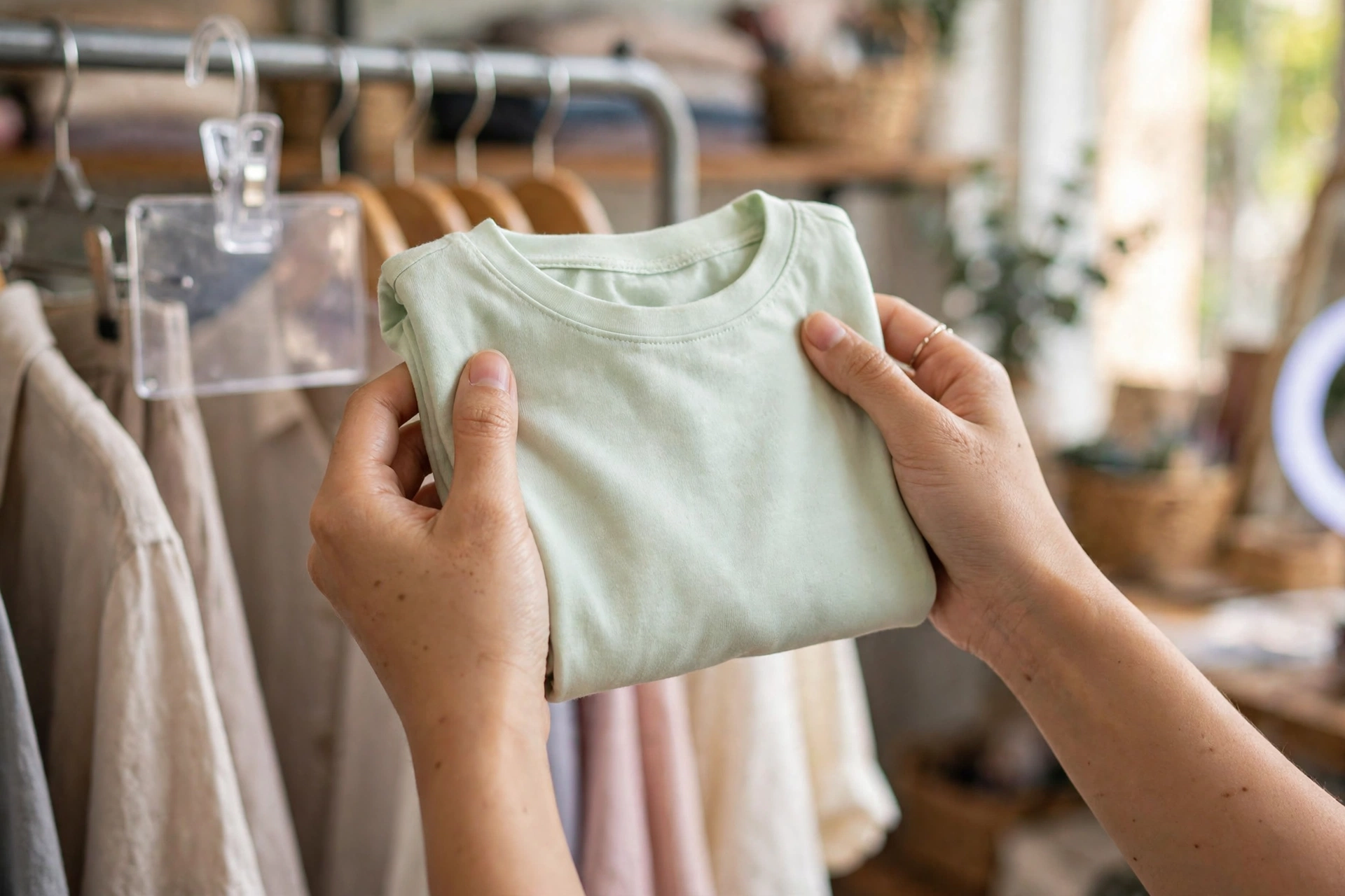 Chủ shop giơ áo thun giới thiệu sản phẩm trong buổi livestream