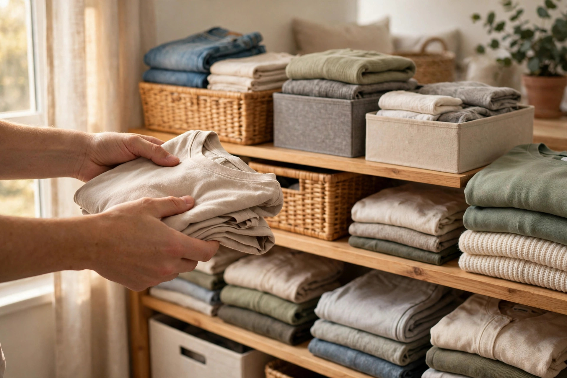 Gấp quần áo và sắp xếp kệ gọn gàng