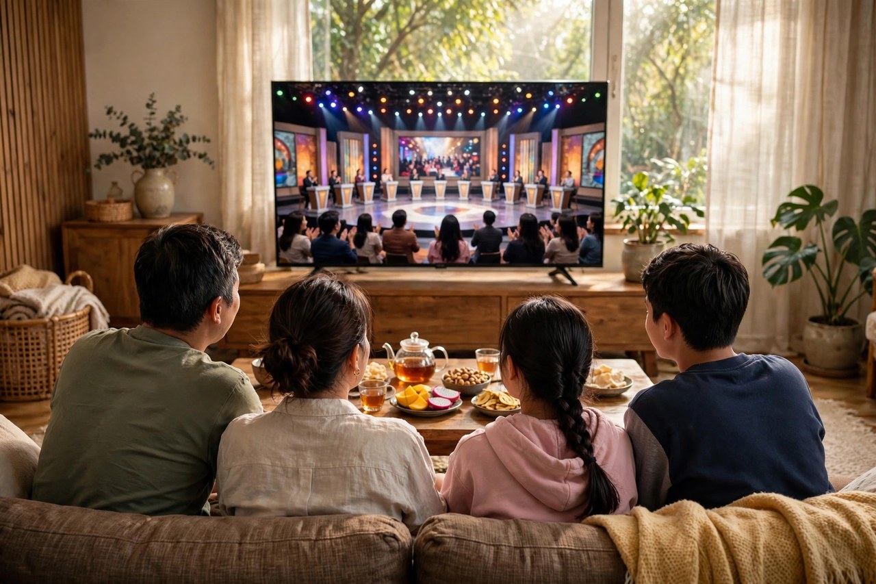 Gia đình quây quần xem gameshow trí tuệ trên TV trong phòng khách