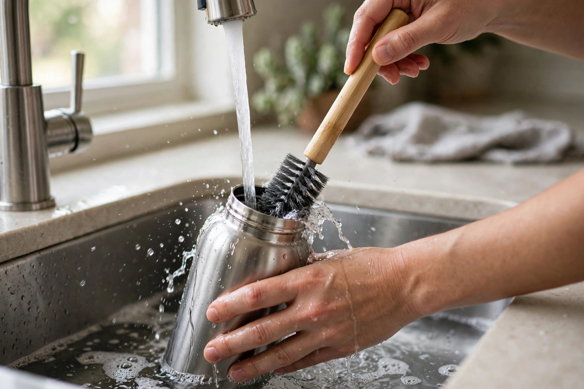 Đôi tay đang rửa bình giữ nhiệt bằng cọ dài dưới vòi nước