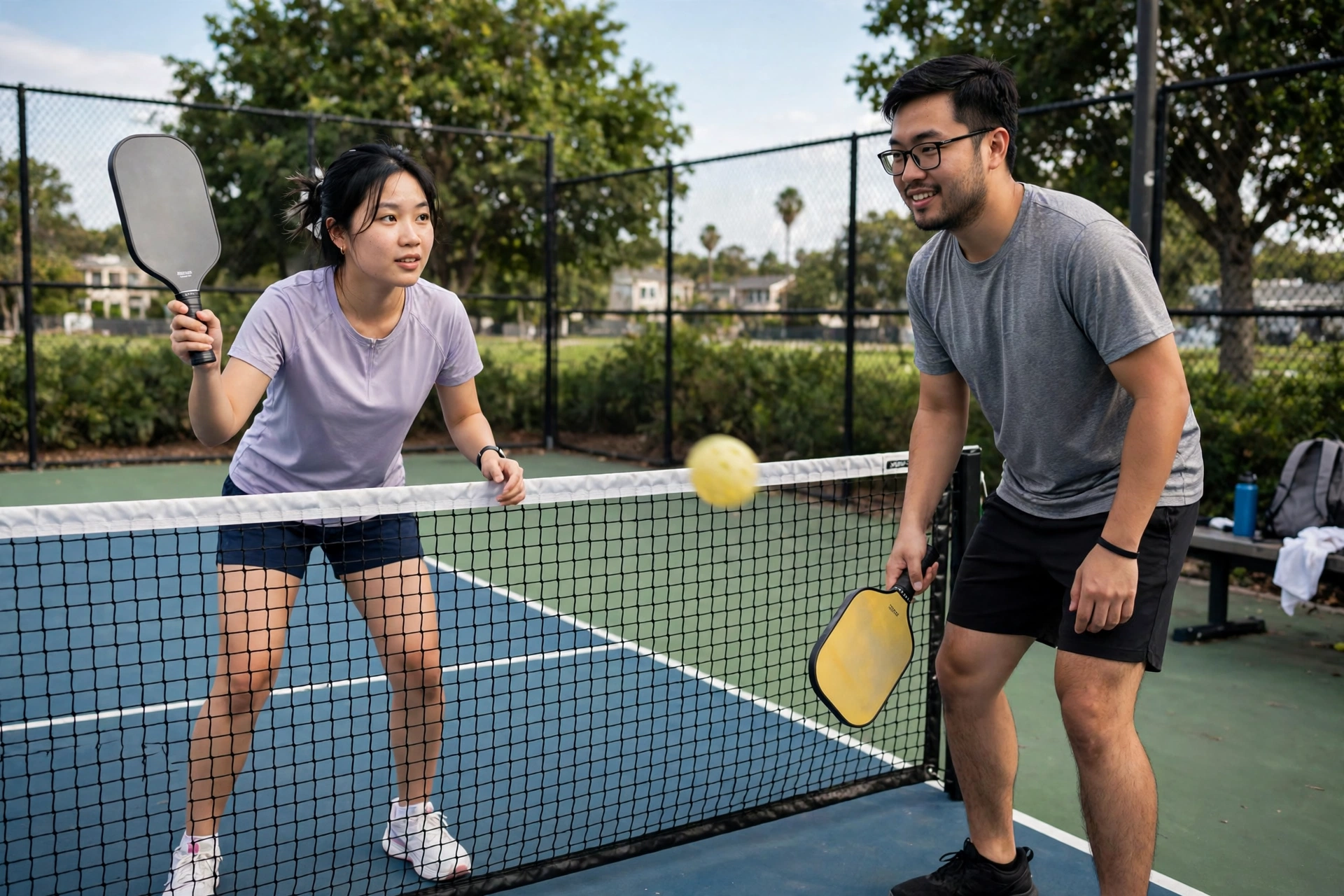 Ảnh minh họa: hai người mới tập kỹ thuật volley pickleball trên sân ngoài trời