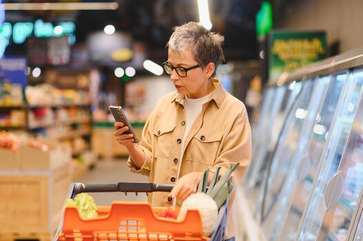 Người mua hàng kiểm tra giá trên điện thoại khi đi siêu thị