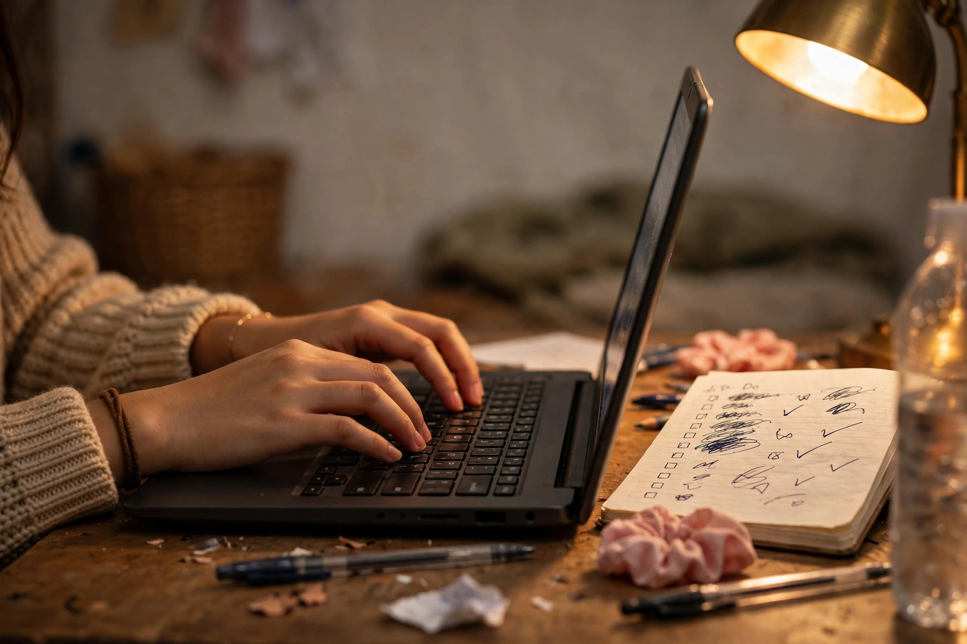 Sinh viên gõ laptop và ghi chép công việc freelance