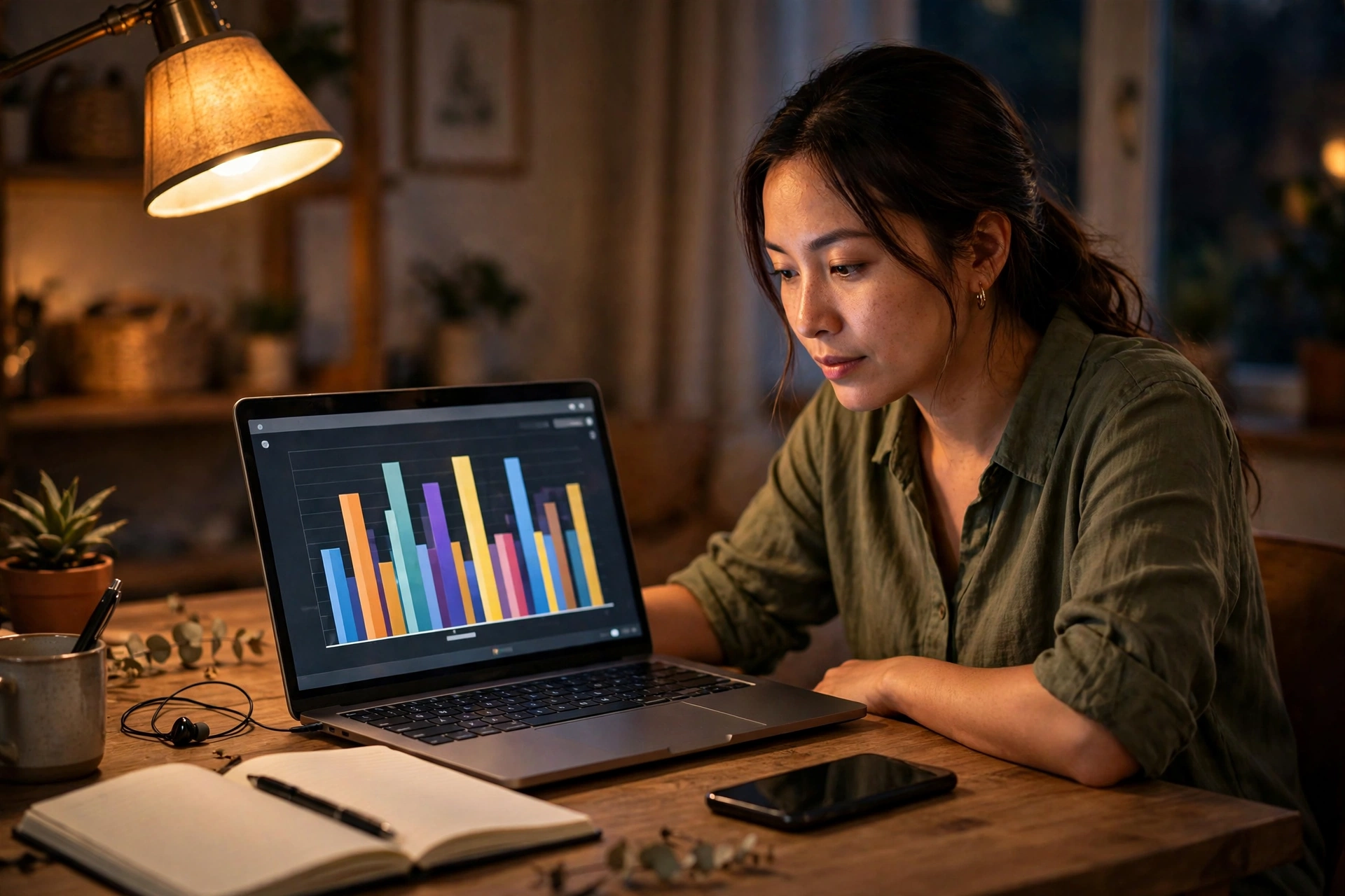 Người phụ nữ xem lại biểu đồ chi tiêu theo tháng trên laptop tại bàn làm việc buổi tối