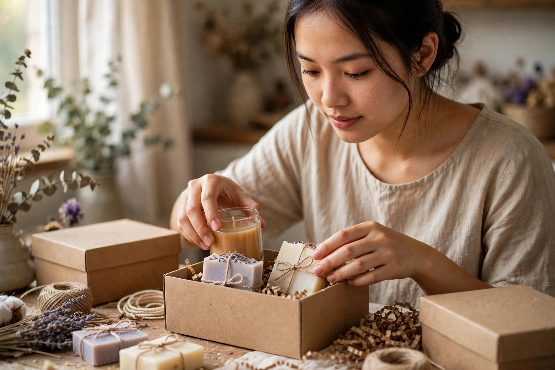 Đôi tay đang gói nến thơm handmade vào hộp giấy kraft để chuẩn bị gửi cho khách