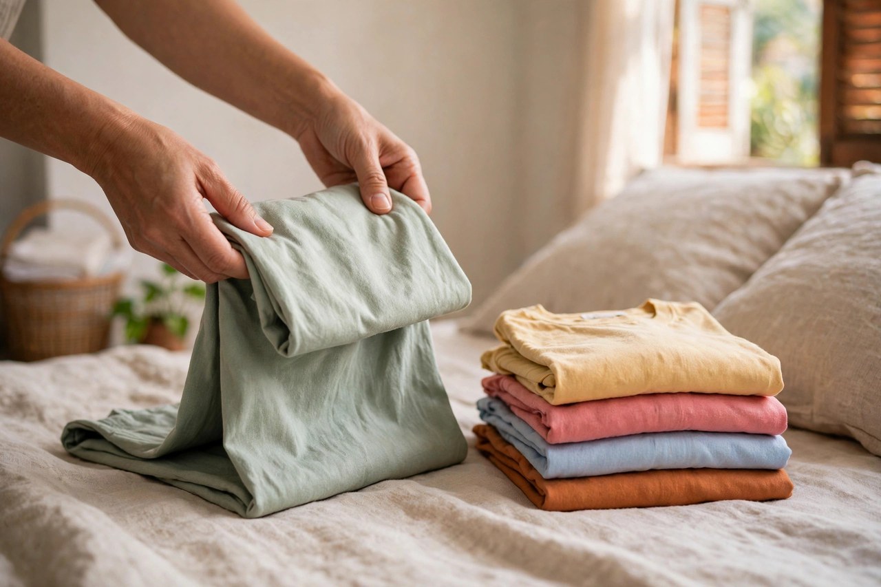 Đôi tay đang gấp gọn một chiếc áo thun trên giường cạnh chồng quần áo đã gấp