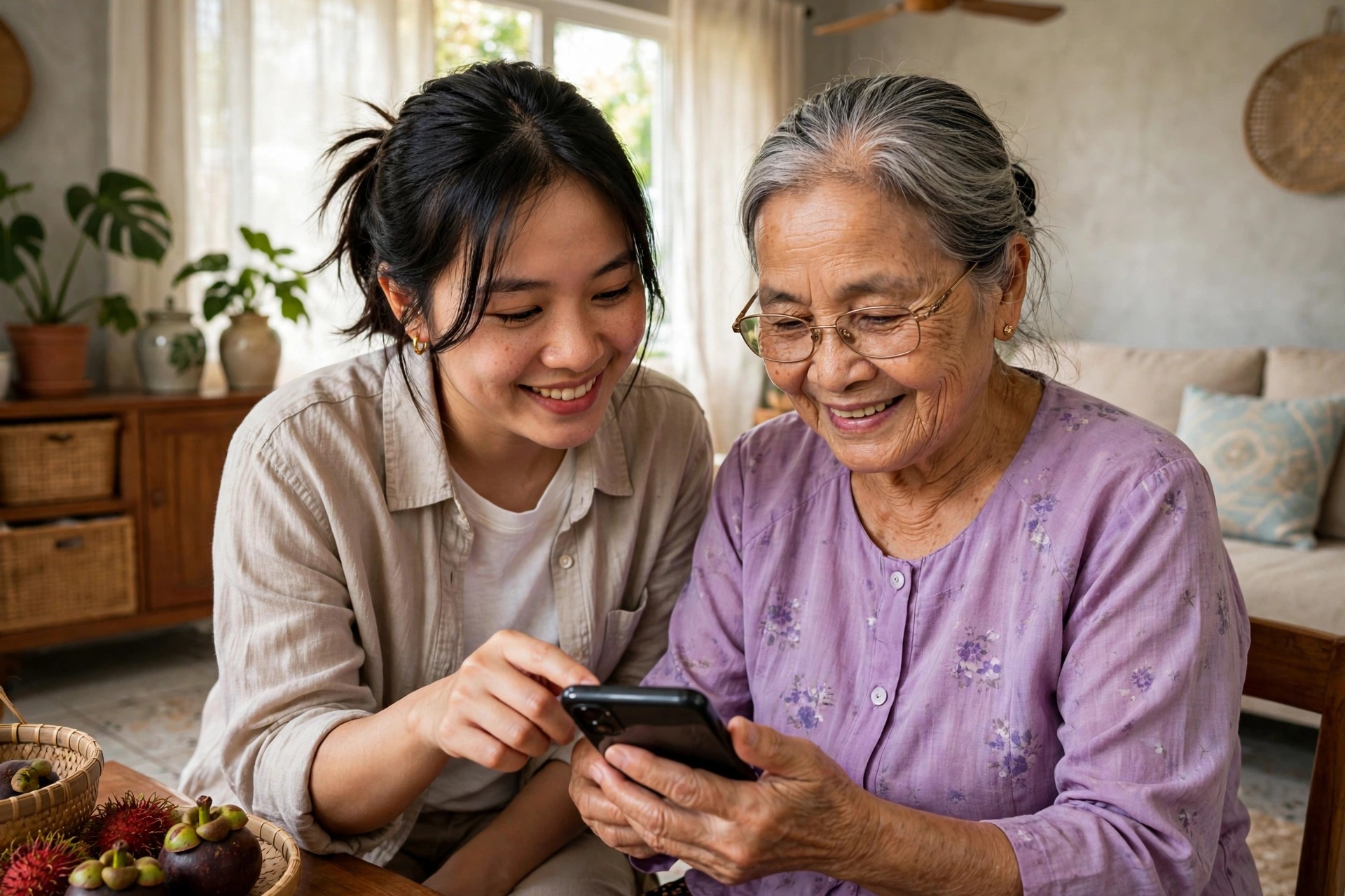 Ảnh minh họa: con gái hướng dẫn mẹ cập nhật điện thoại và cảnh giác lừa đảo mạo danh ngân hàng