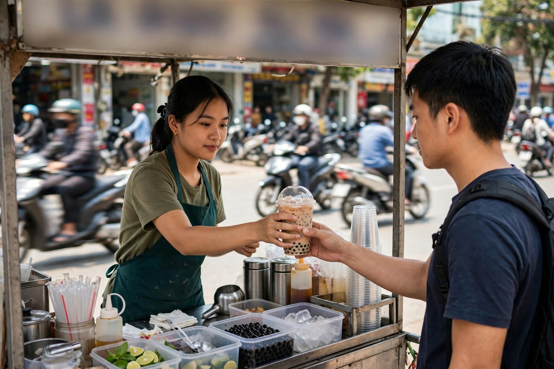 Quầy trà sữa take-away nhỏ trên vỉa hè, người bán giao ly trà sữa cho khách giữa dòng xe máy