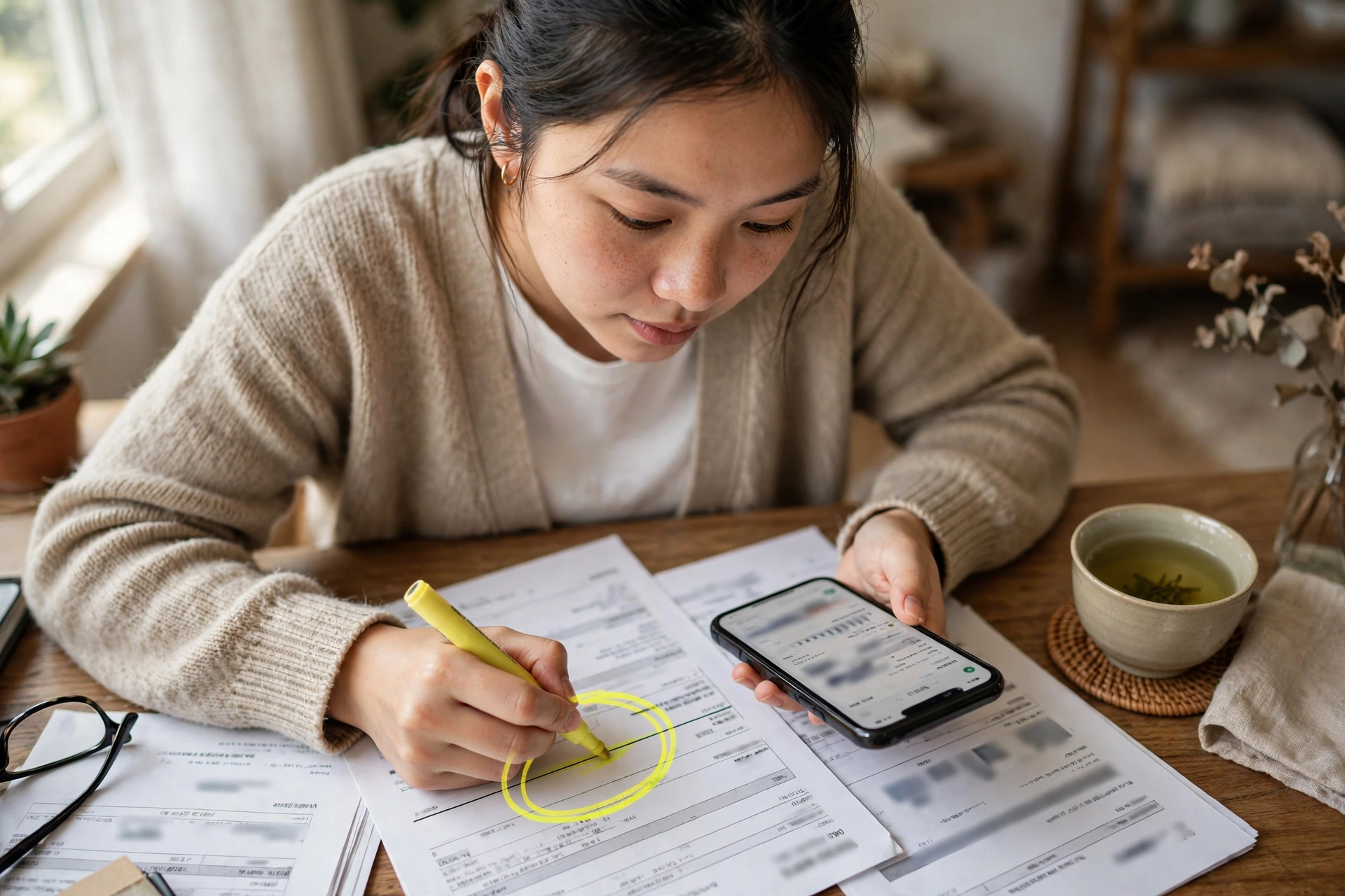 Bàn tay dùng bút dạ quang đánh dấu một dòng trong sao kê ngân hàng in trên giấy, bên cạnh là điện thoại và tách trà