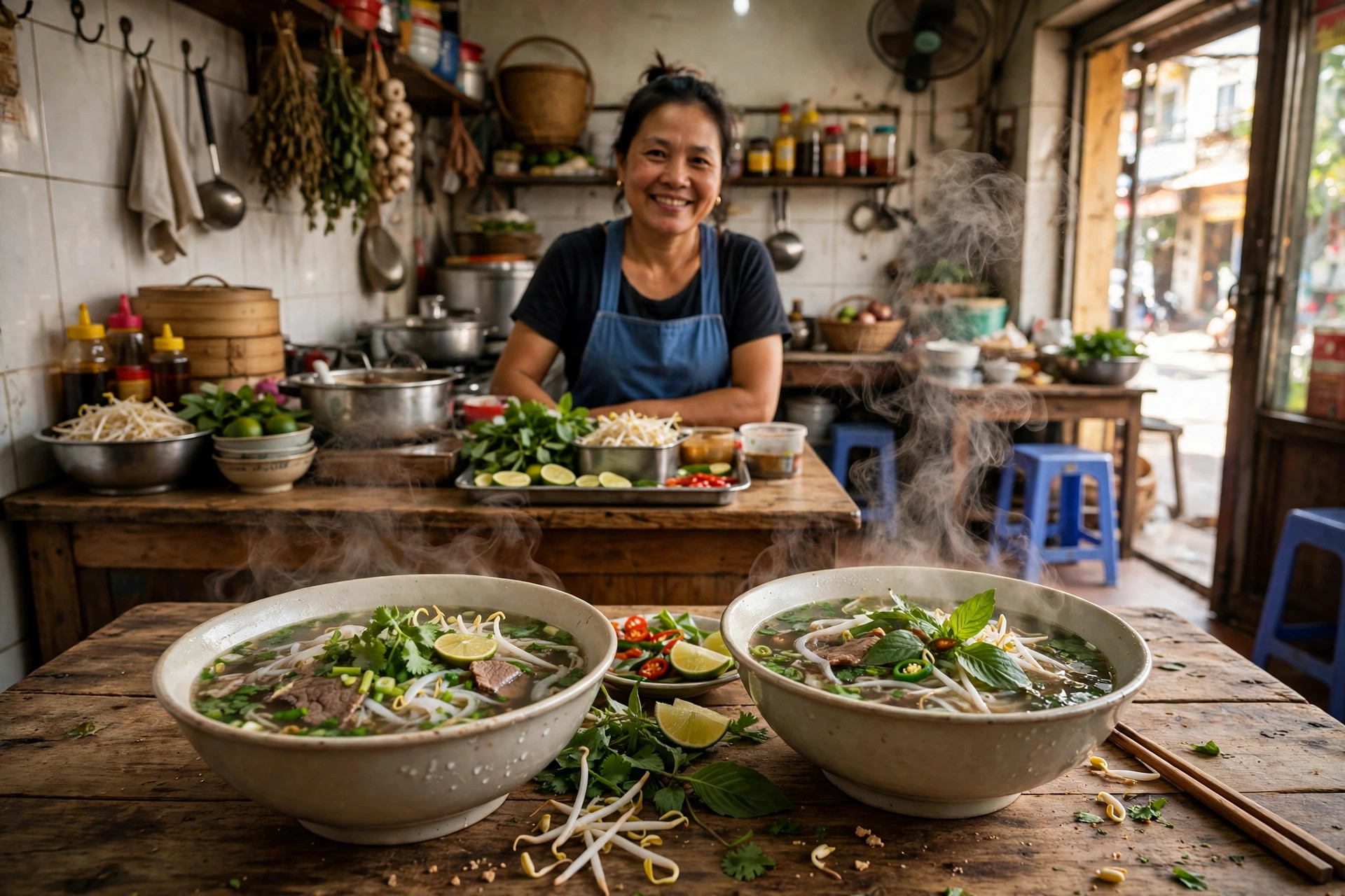 Chủ quán phở chuẩn bị món ăn trong quán đầu tiên đang ăn nên làm ra
