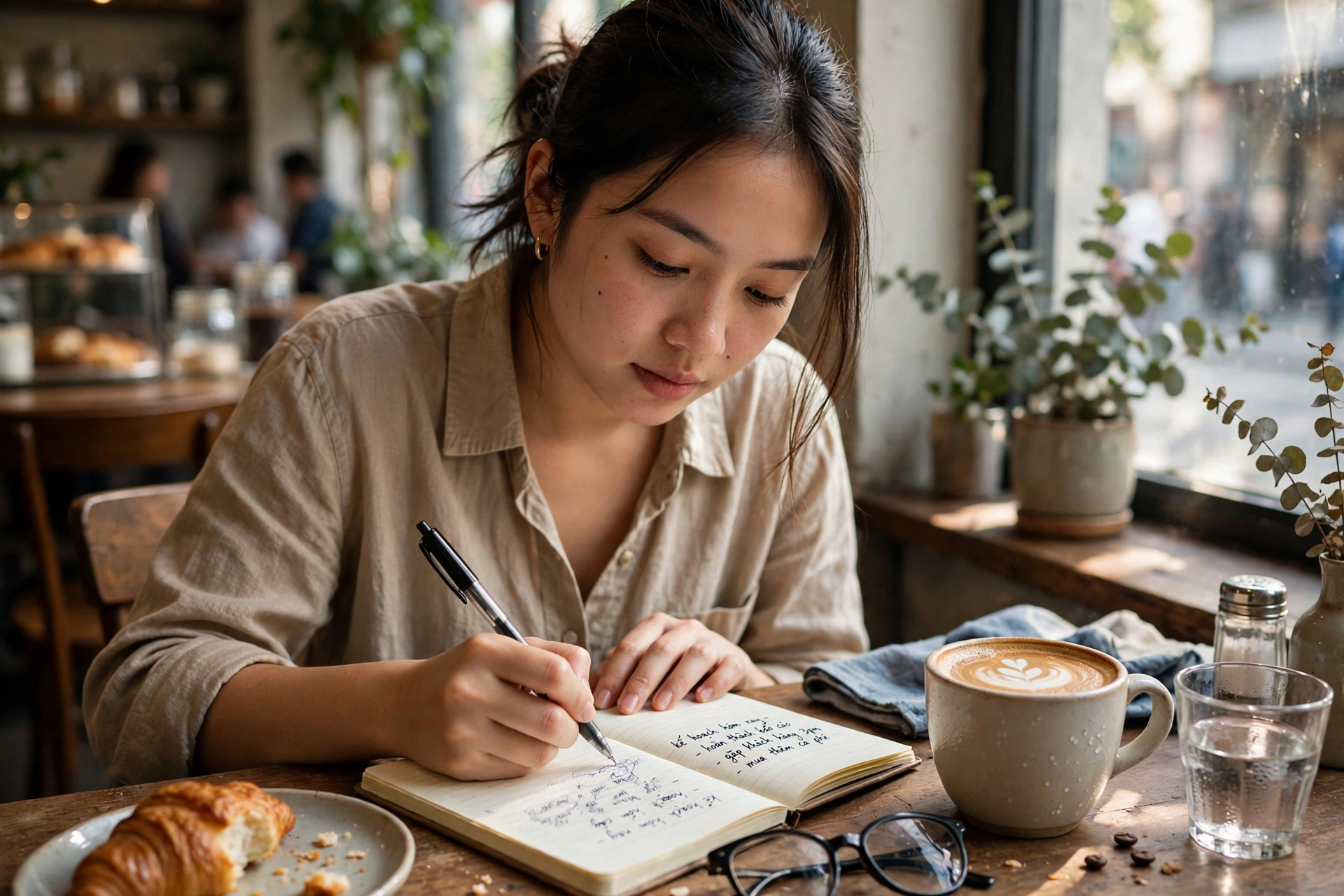 Cô gái trẻ viết kế hoạch kinh doanh vào sổ tay tại quán cà phê