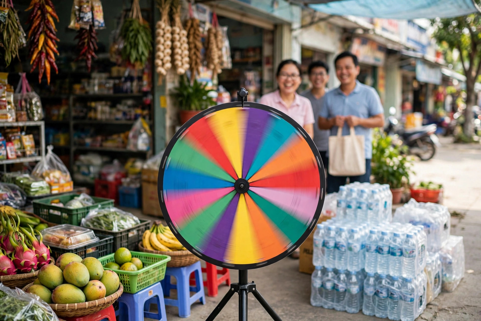 Vòng quay trúng thưởng nhiều màu sắc tại gian hàng chợ, minh họa minigame quay số cho shop nhỏ