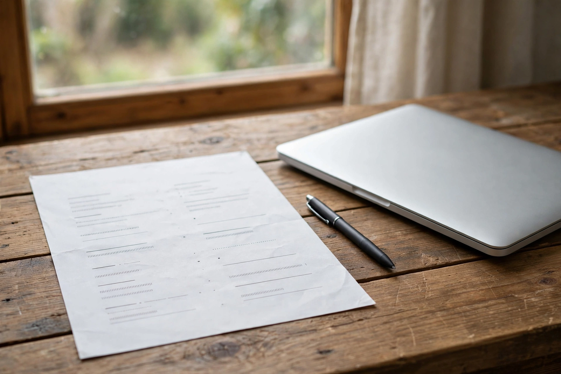 Bản CV in ra, bút và máy tính trên bàn làm việc
