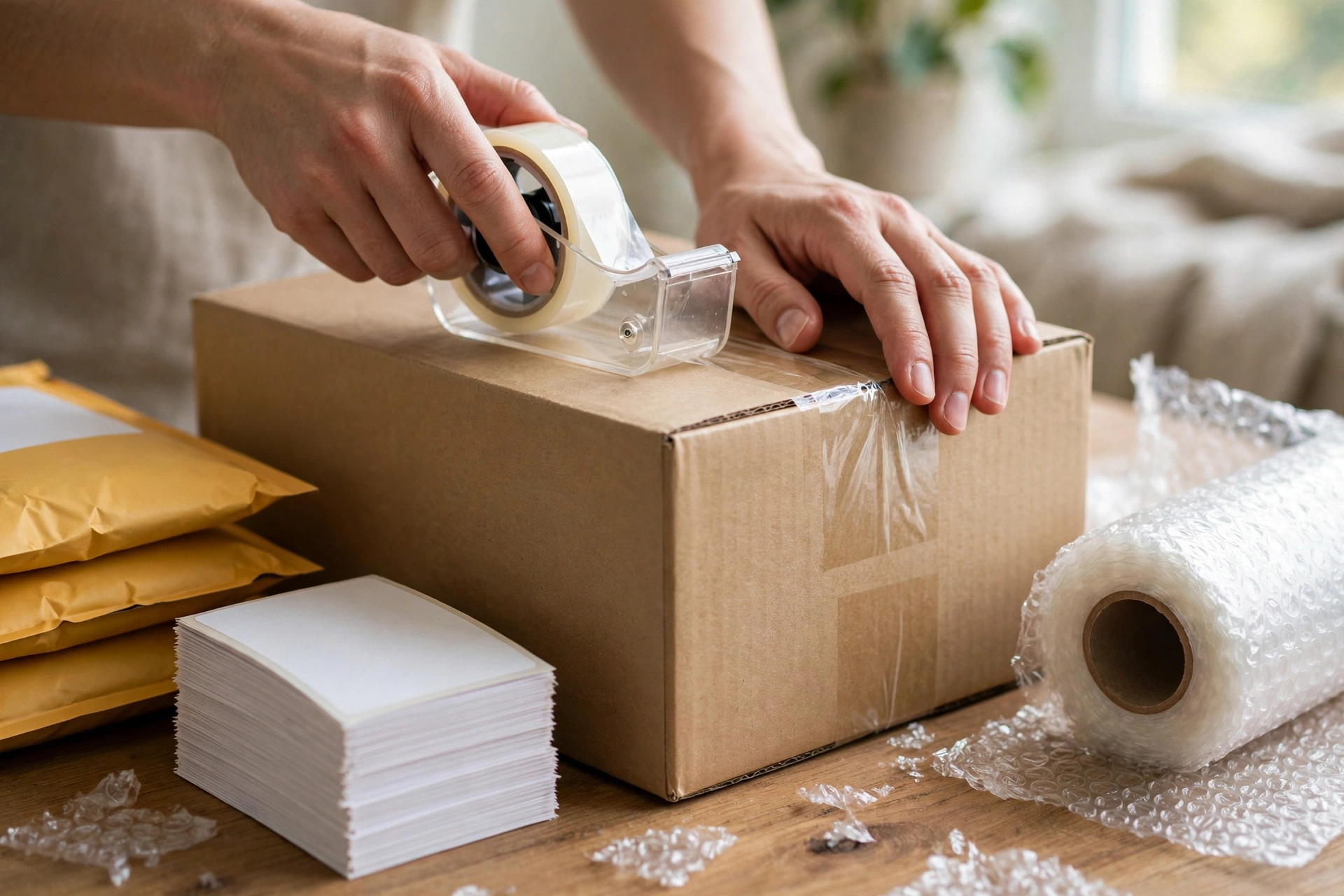 Đóng gói đơn hàng dropshipping: dán băng keo thùng carton, chuẩn bị nhãn vận chuyển và xốp chống sốc