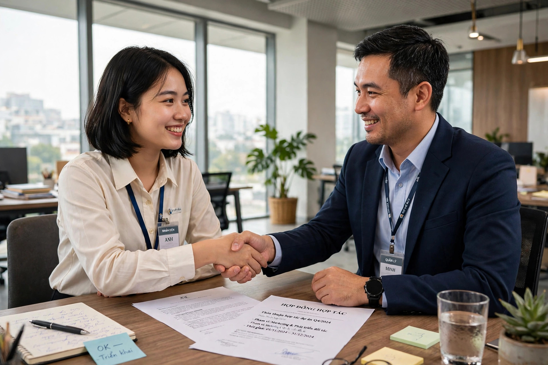Nhân viên bắt tay quản lý sau khi đơn xin nghỉ được phê duyệt