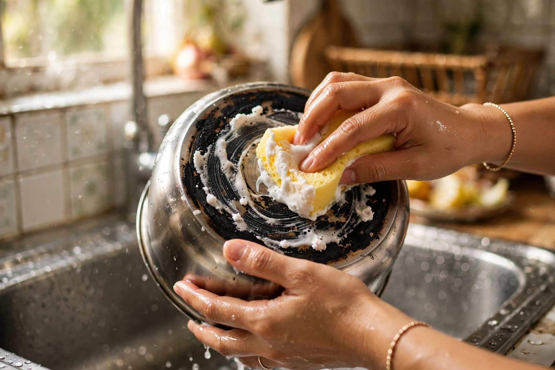 Chà đáy nồi cháy bằng miếng bọt biển mềm và hỗn hợp baking soda