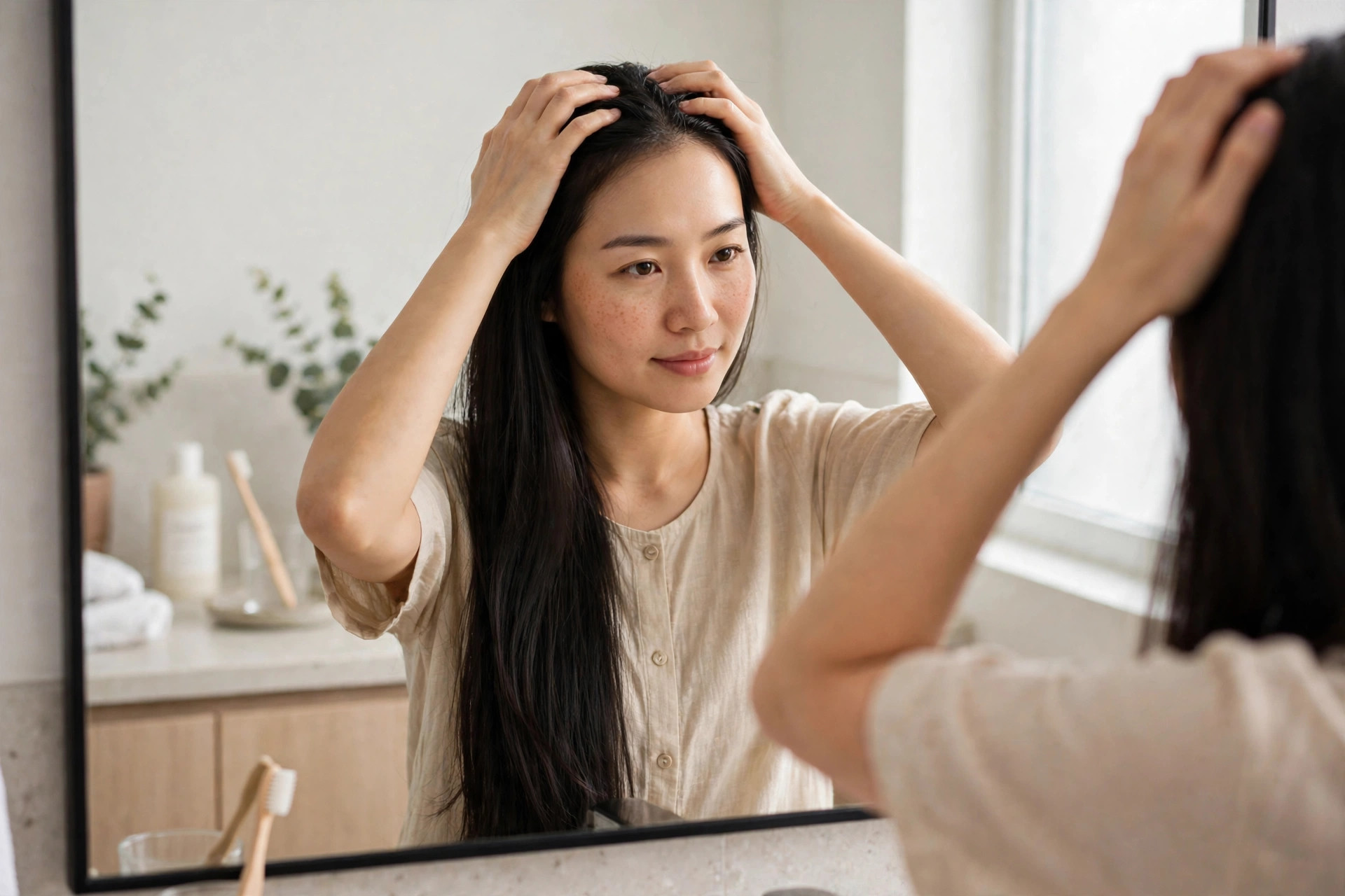 Ảnh minh họa: massage da đầu nhẹ nhàng mỗi tối trước gương