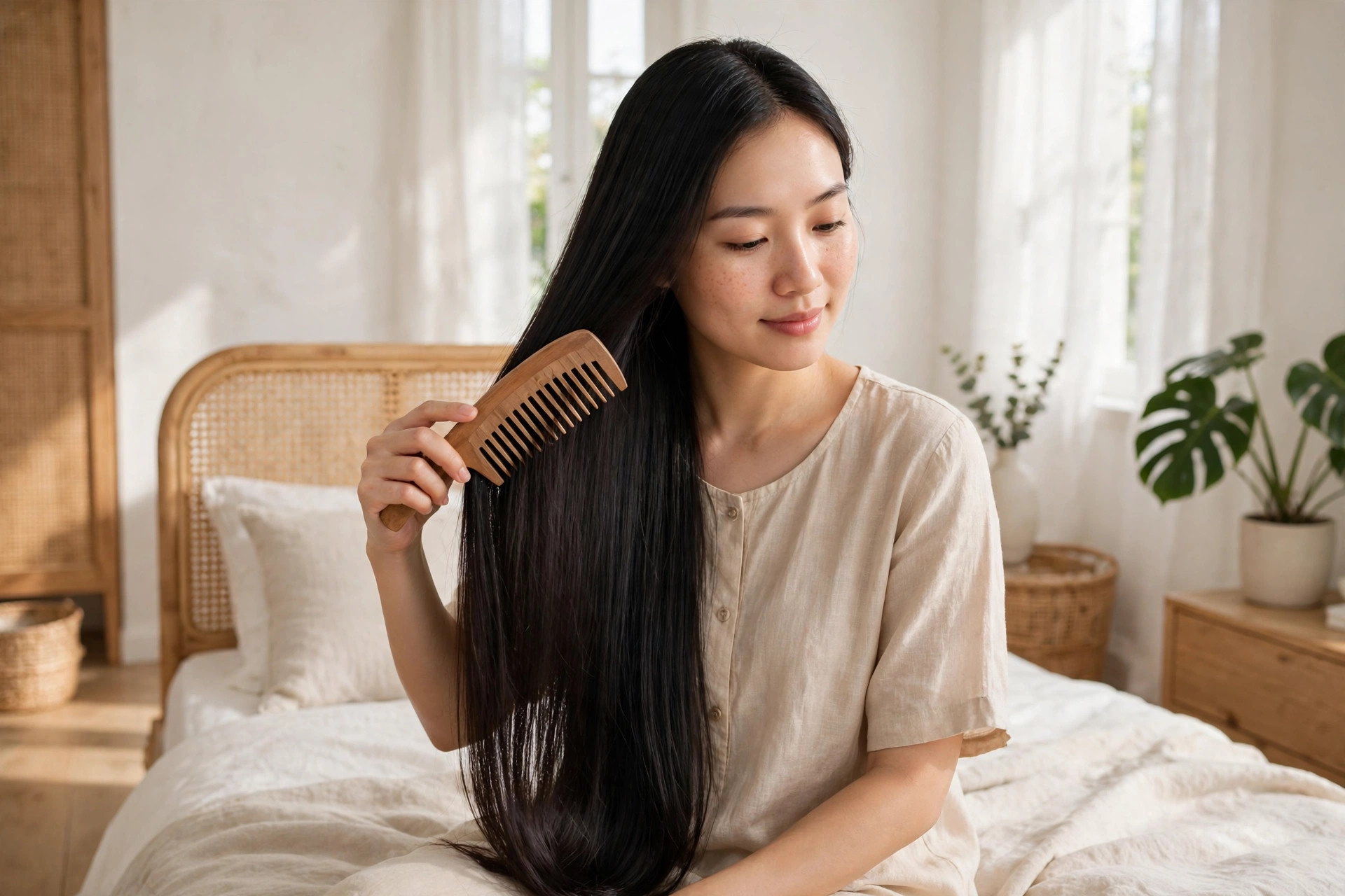 Ảnh minh họa: chải tóc nhẹ nhàng bằng lược răng thưa vào buổi sáng