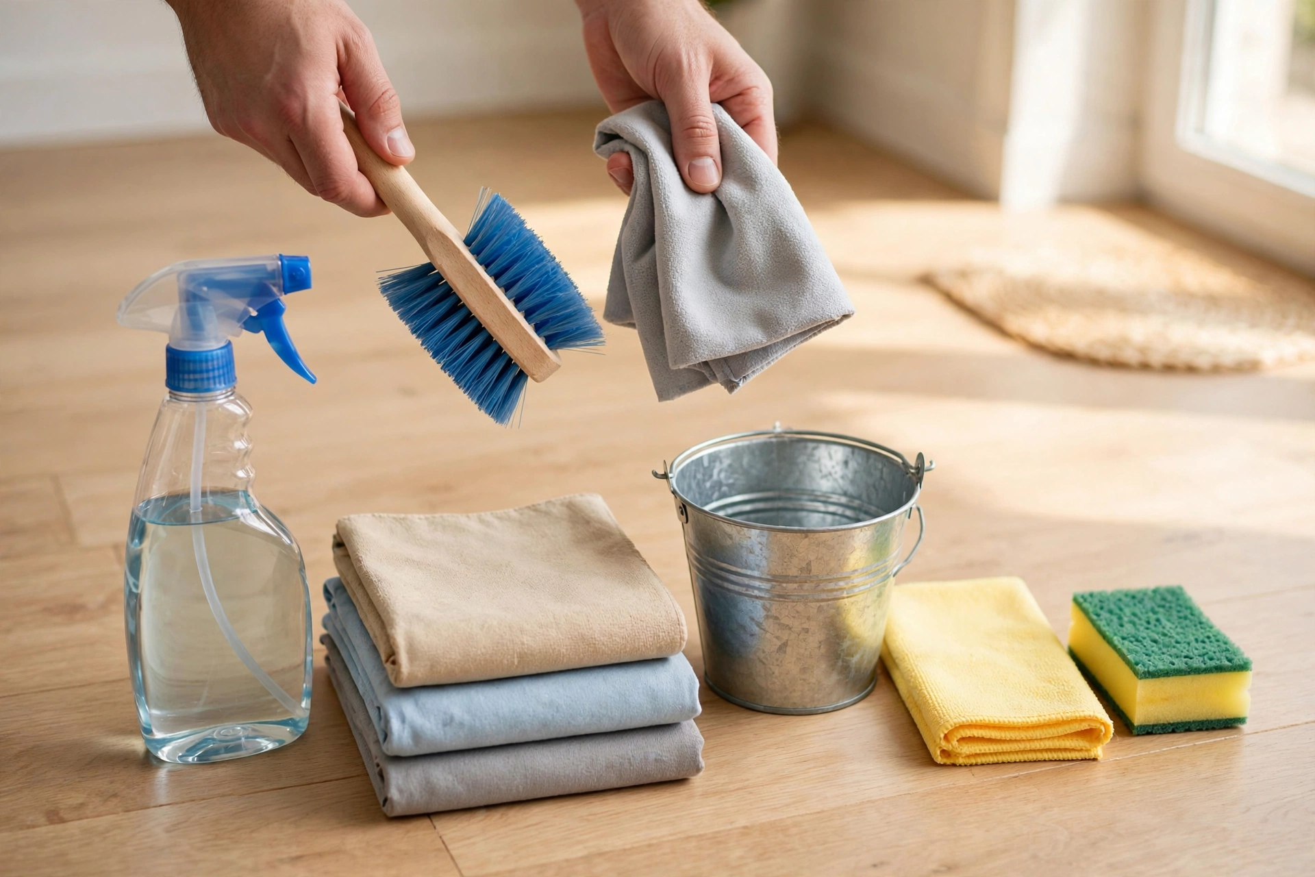 Chuẩn bị dụng cụ dọn nhà gồm khăn, bàn chải, bình xịt và xô