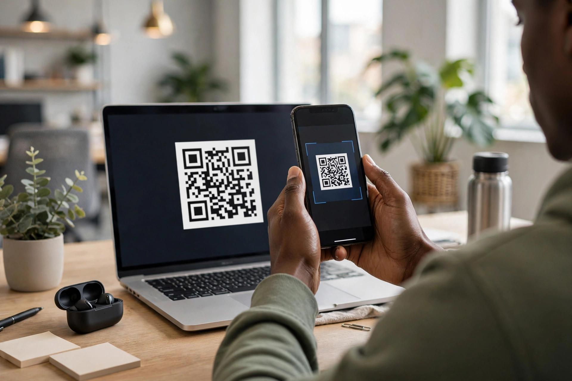 Người dùng quét mã QR trên màn hình laptop bằng điện thoại để thêm tài khoản vào ứng dụng xác thực