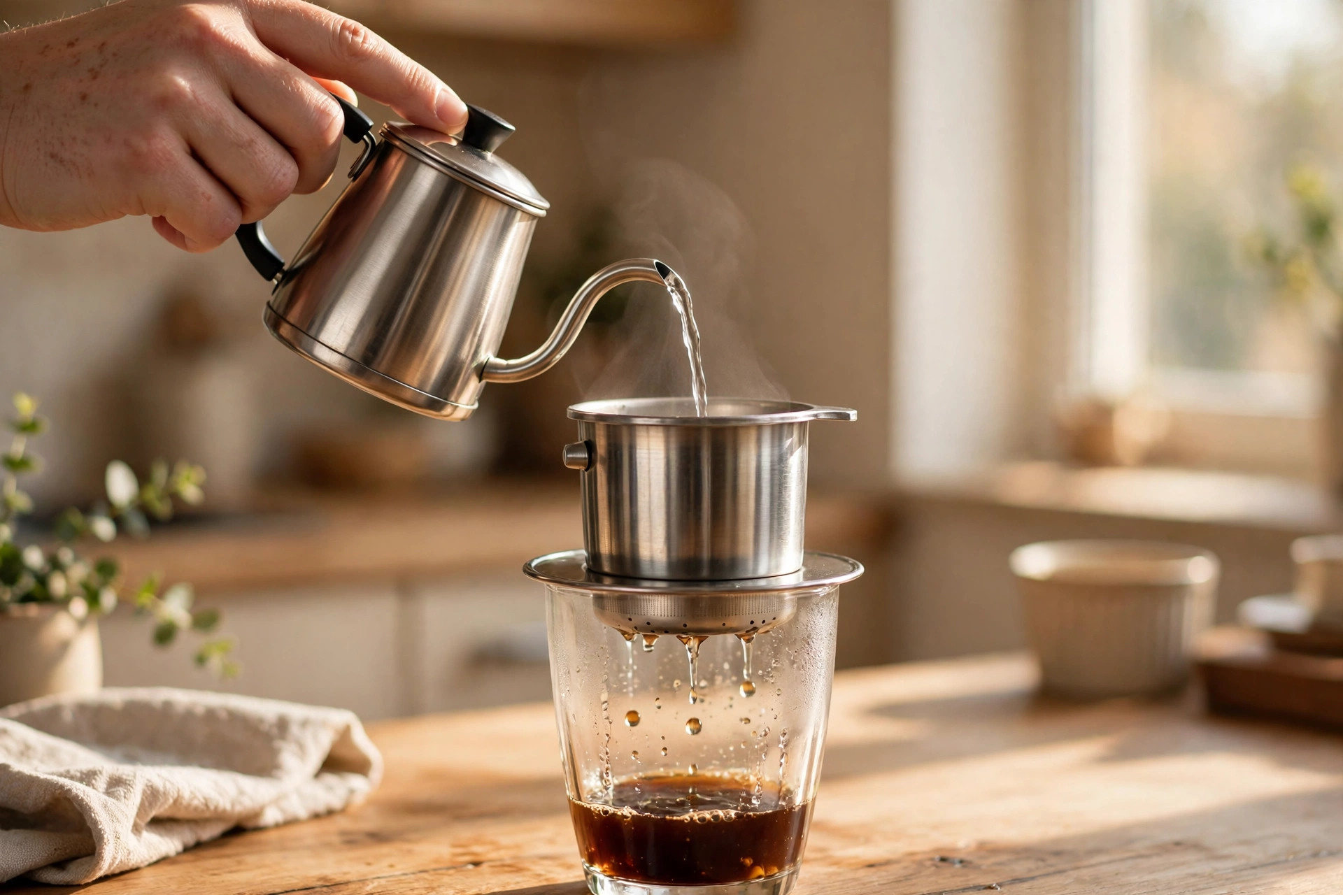 Tay rót nước sôi vào phin cà phê buổi sáng
