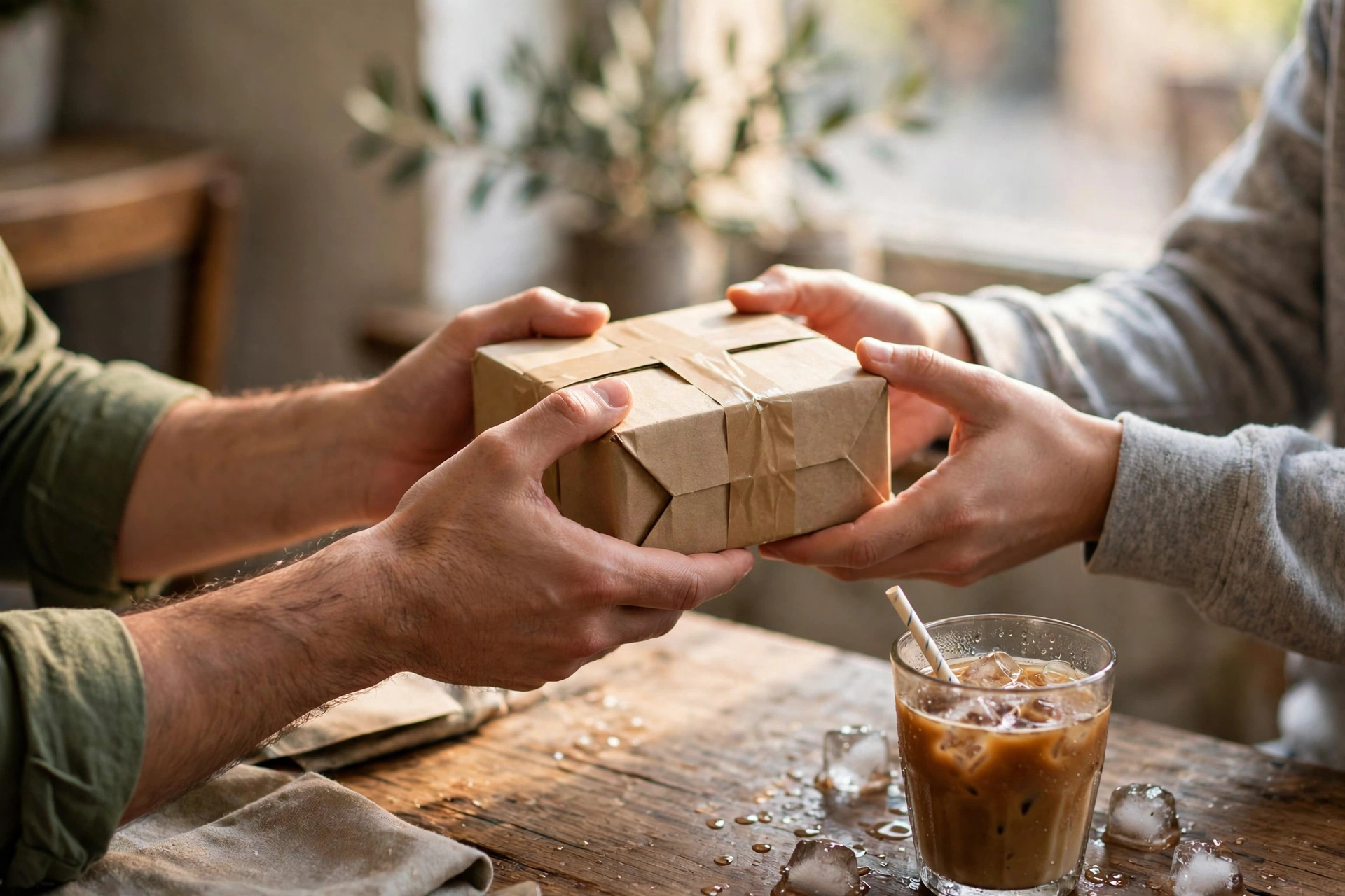 Người bán trao gói hàng đã đóng gói cẩn thận cho người mua tại quán cà phê