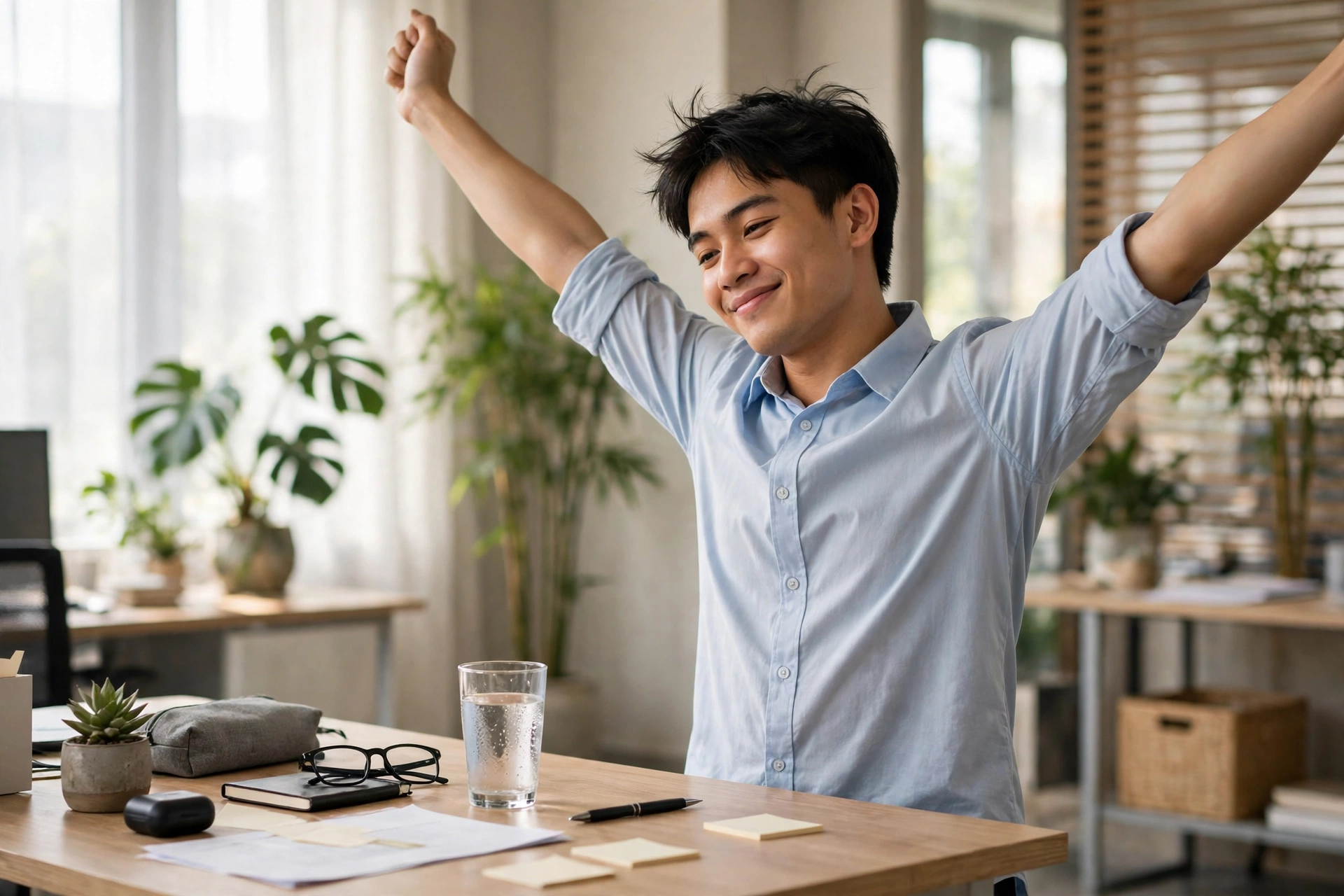 Nhân viên văn phòng vươn vai tỉnh dậy sau giấc ngủ trưa tại bàn làm việc