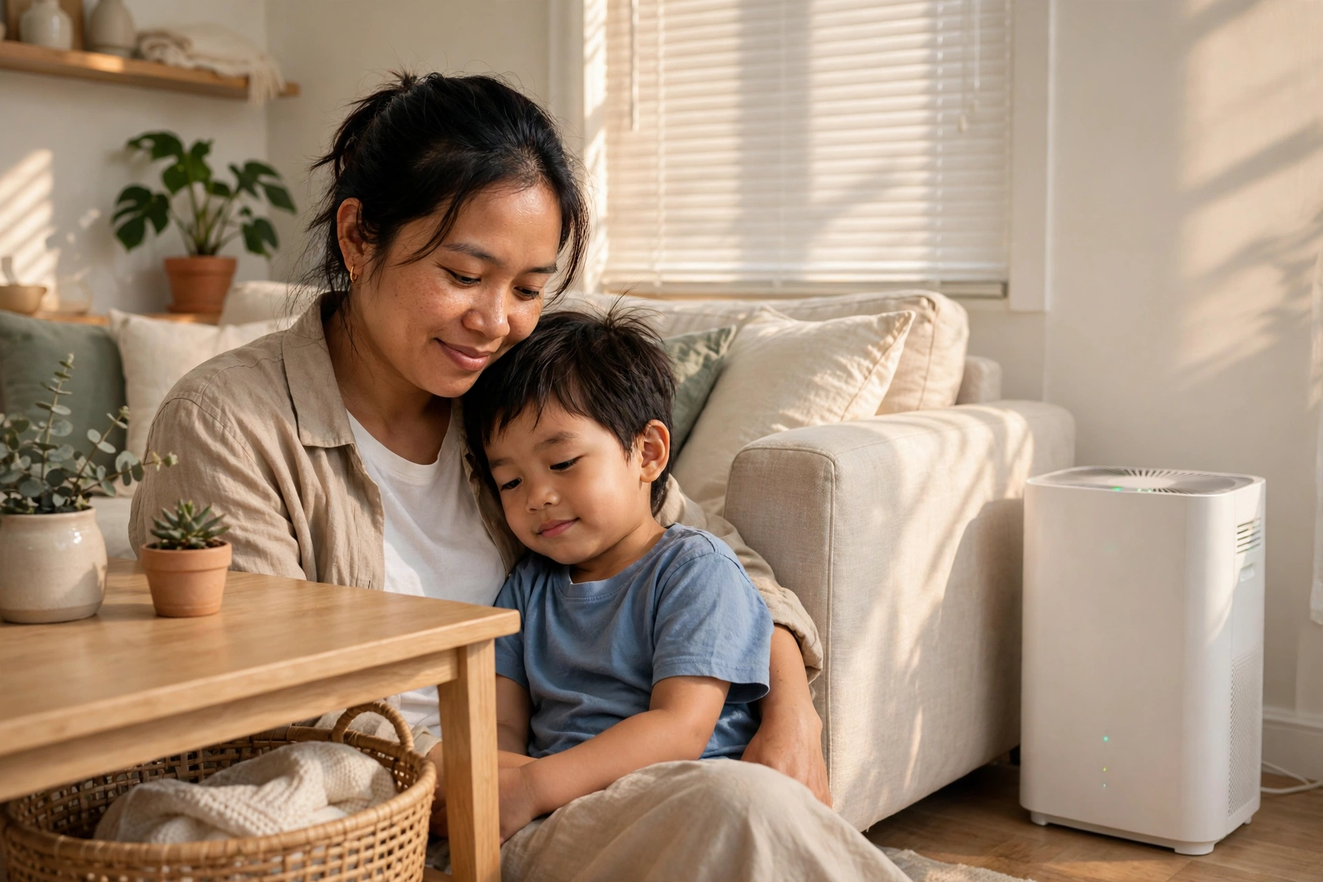 Ảnh minh họa: mẹ và con trong phòng khách có máy lọc không khí đang chạy, cửa sổ đóng kín