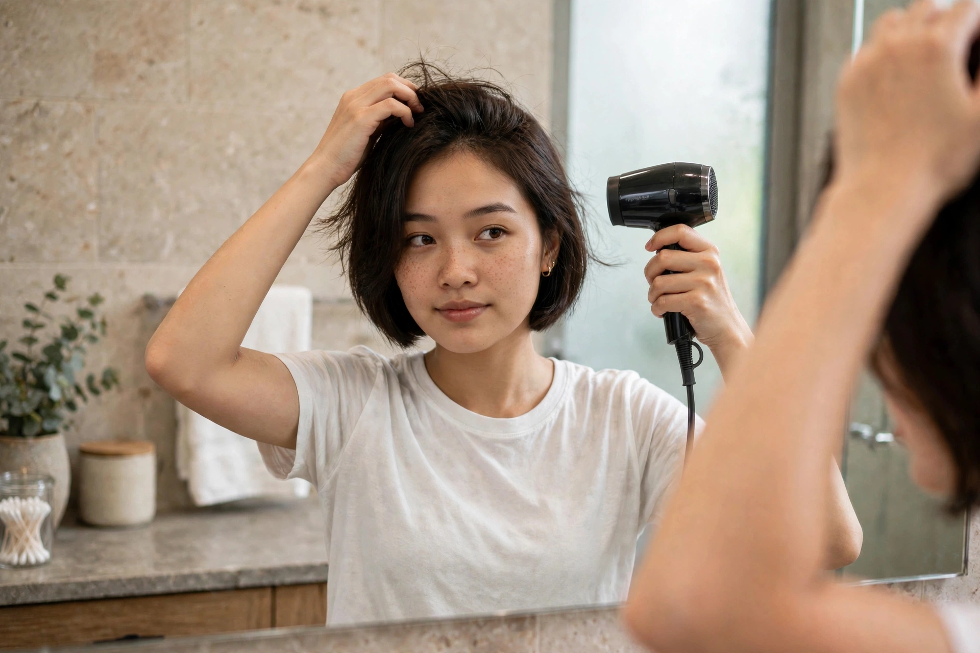 Người phụ nữ tóc ngắn đang sấy và tạo kiểu tóc trước gương ở nhà