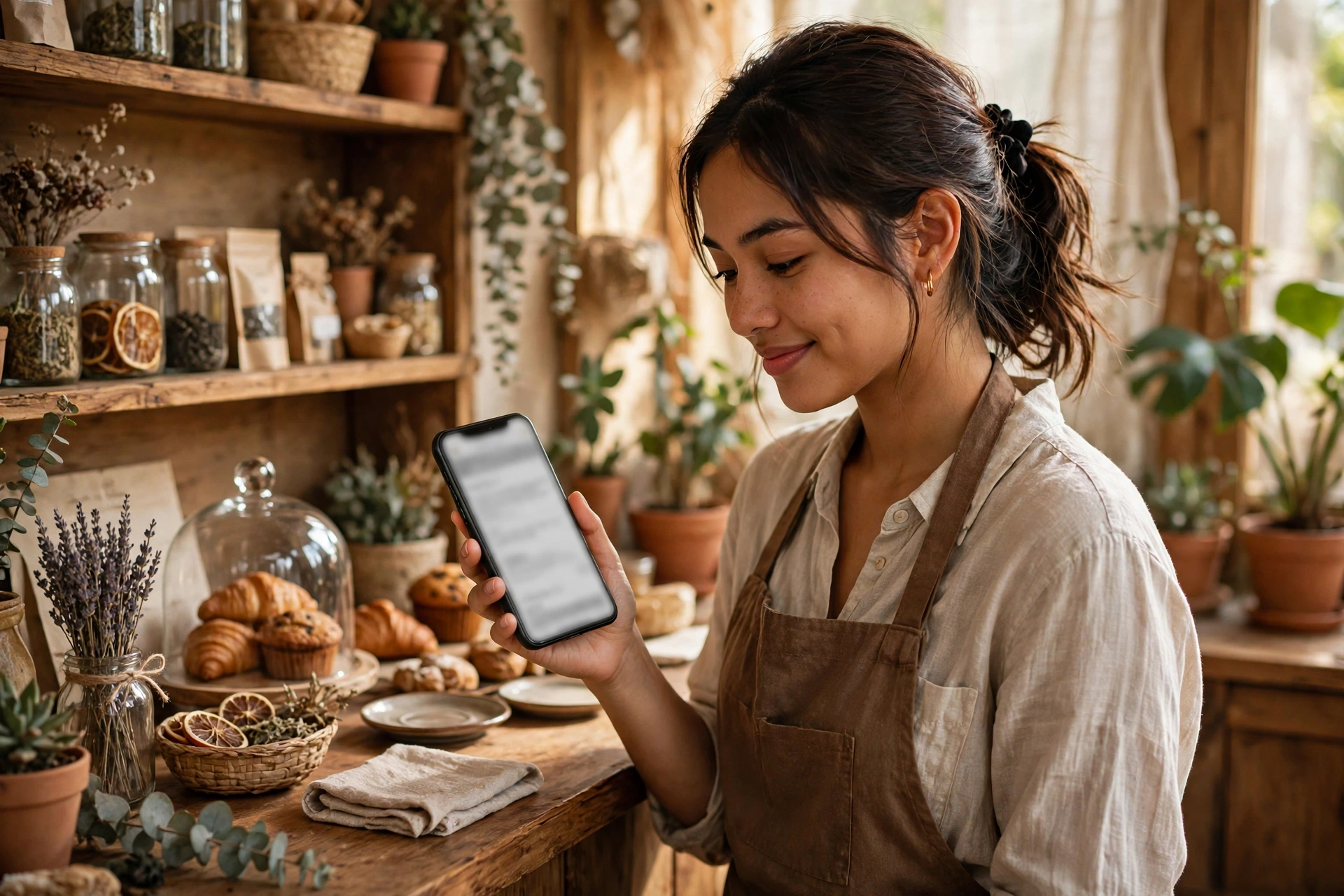 Chủ shop nhỏ cầm điện thoại xem trước bản nháp email trong cửa hàng
