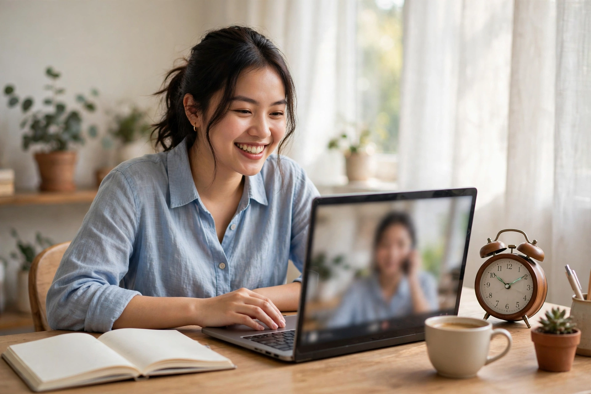 Người làm việc từ xa họp trực tuyến với đồng nghiệp tại góc làm việc tại nhà