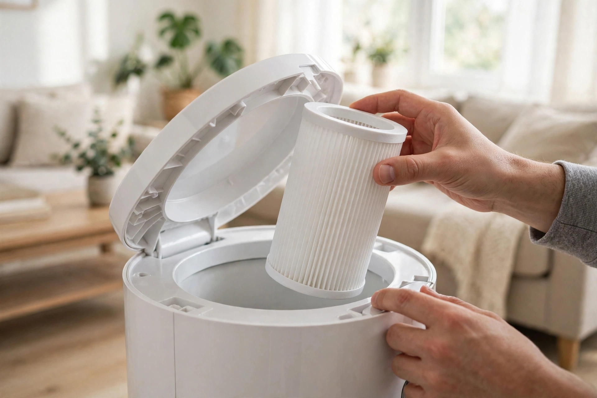 Đôi tay thay lõi lọc hình trụ màu trắng vào máy lọc không khí đang mở nắp trong phòng khách sáng