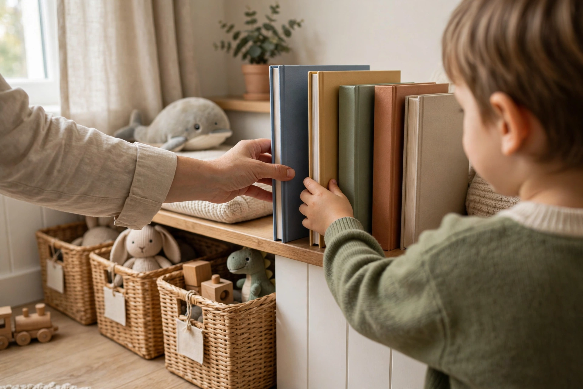 Người lớn và trẻ nhỏ cùng xếp sách lên kệ trong phòng trẻ gọn gàng, phía dưới là các giỏ đựng đồ chơi