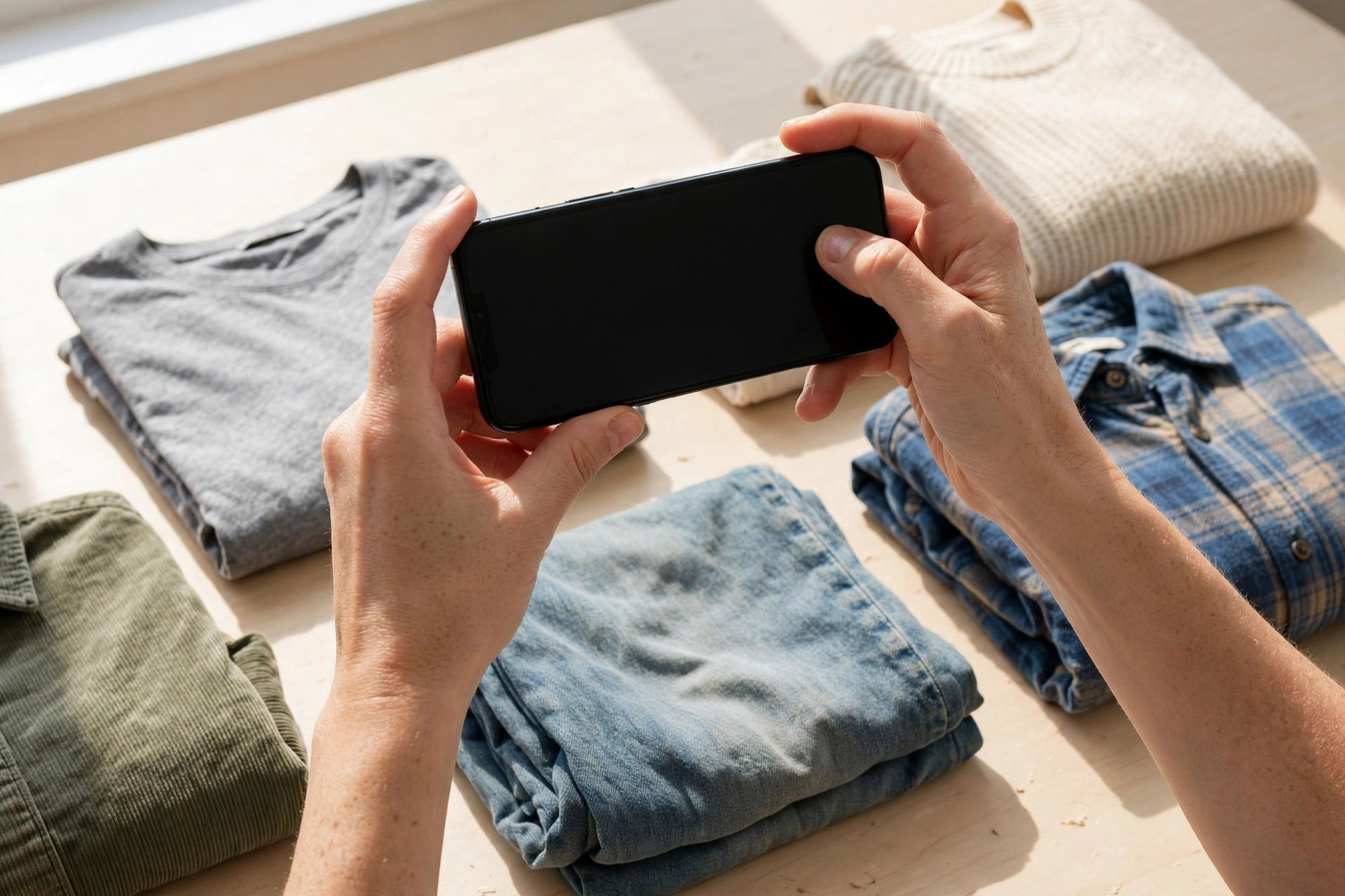 Người bán chụp ảnh thật một chiếc áo khoác secondhand bằng điện thoại dưới ánh sáng tự nhiên