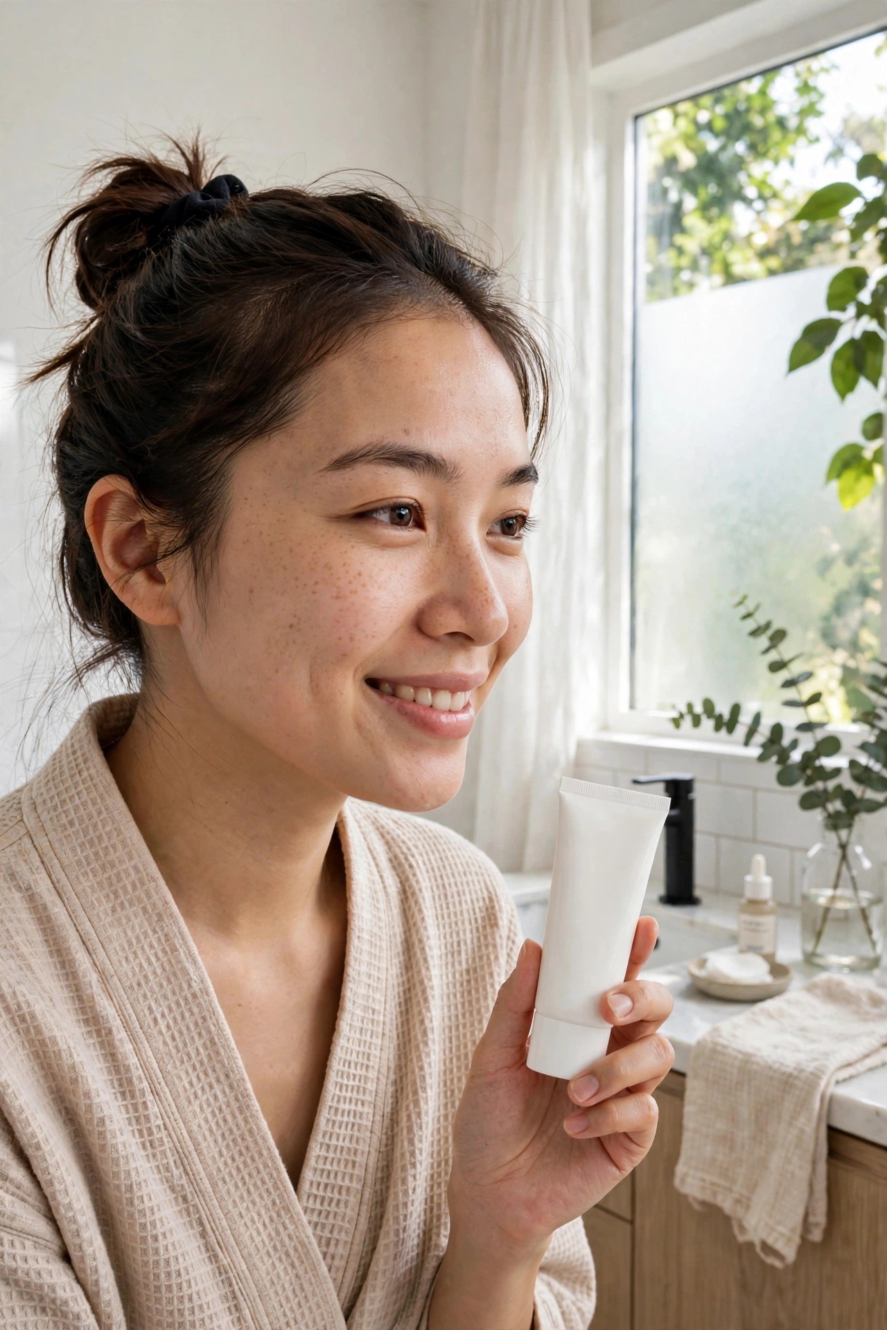 Người phụ nữ cầm tuýp kem chống nắng bên cửa sổ sáng