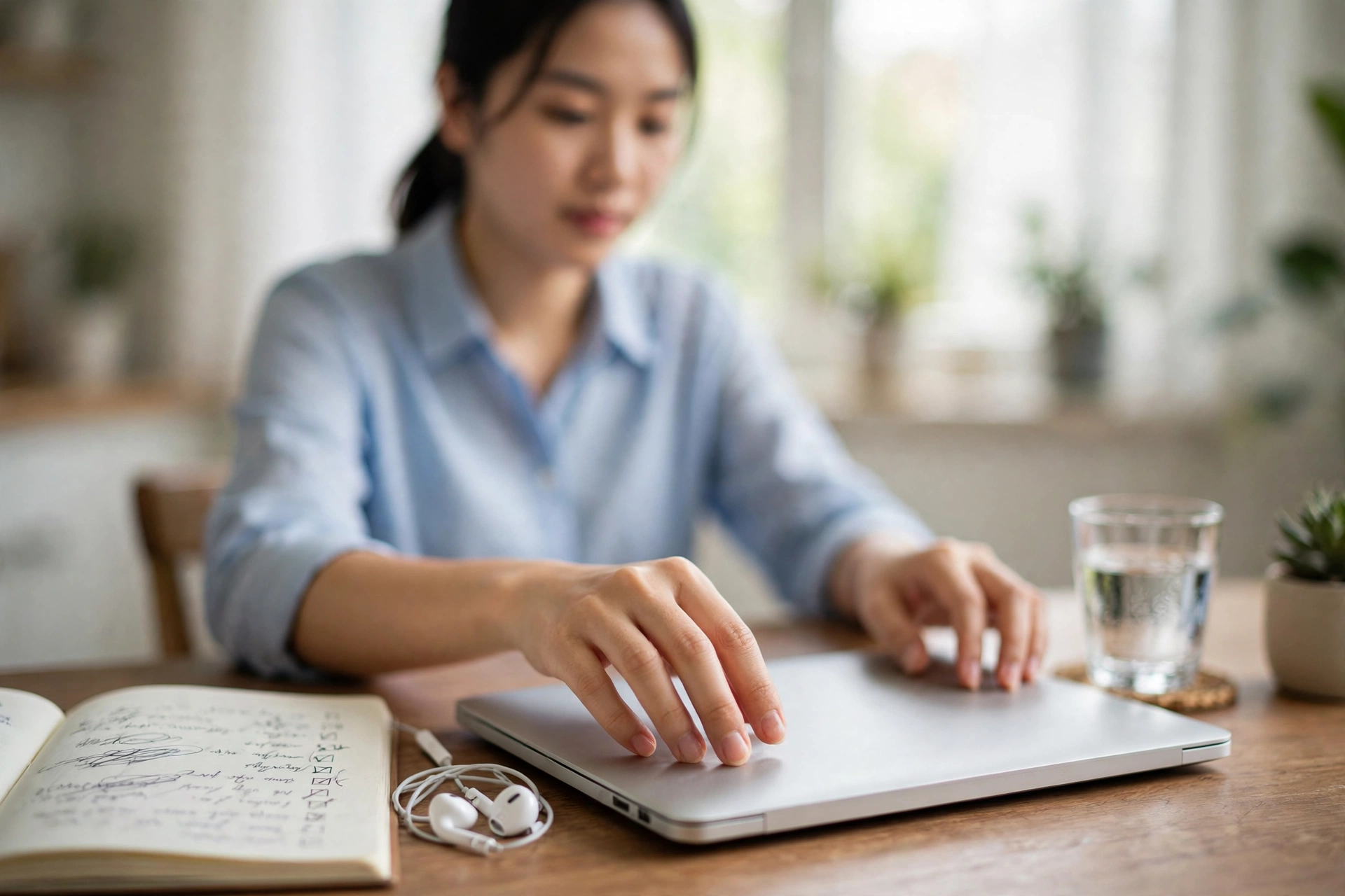Người phụ nữ trẻ chuẩn bị laptop, sổ tay và tai nghe trước buổi phỏng vấn online