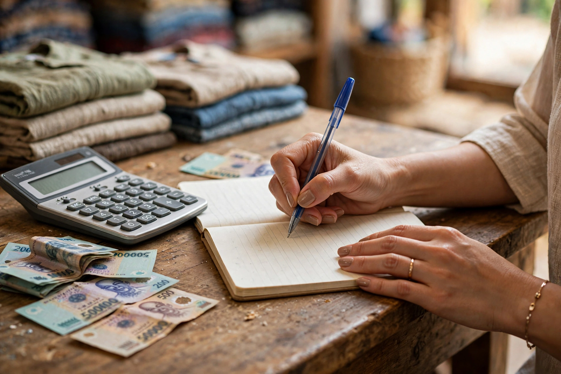 Chủ shop ghi chép doanh thu và chi phí vào sổ tay