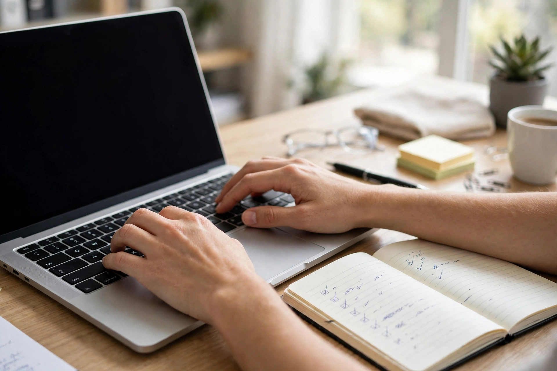 Nhân viên văn phòng gõ email trên laptop và kiểm tra lại bản nháp