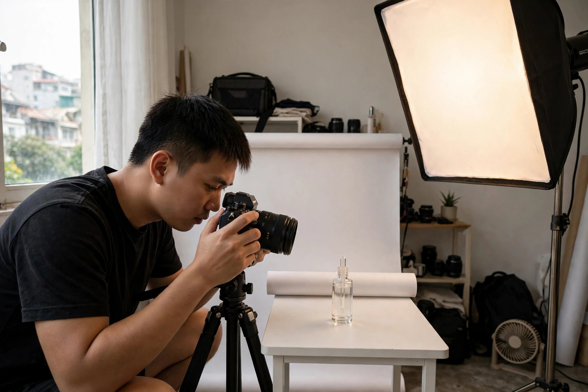 Nhiếp ảnh gia trẻ chụp ảnh chai mỹ phẩm trên bàn trắng trong studio tại nhà với đèn softbox