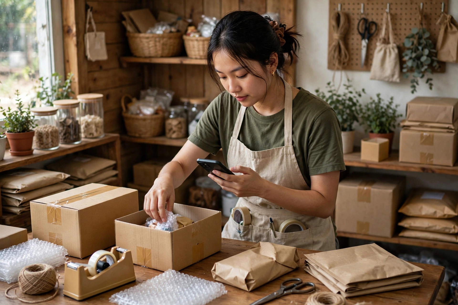 Chủ shop nhỏ đóng gói đơn hàng và kiểm tra điện thoại trong cửa hàng