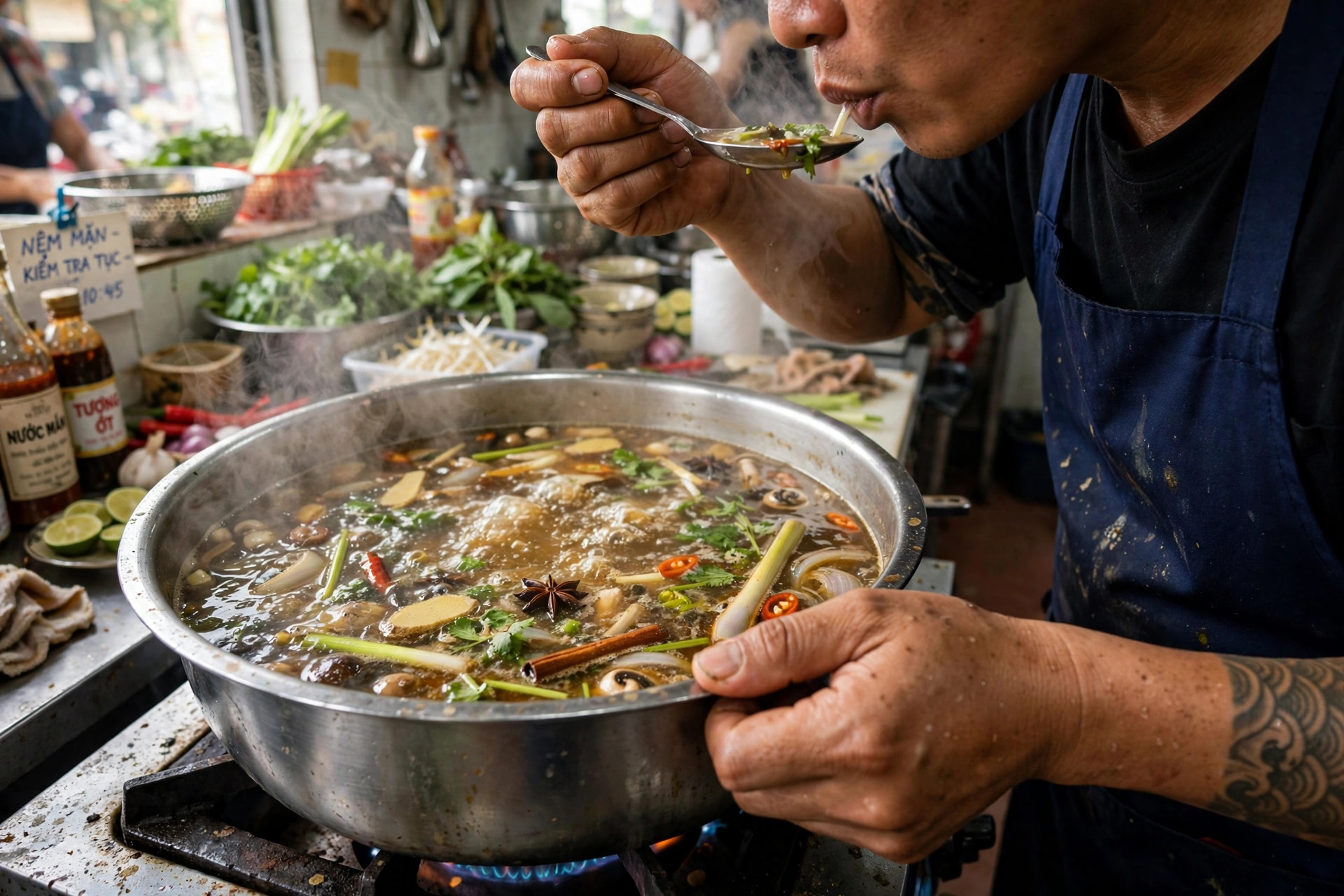 Đầu bếp nếm thử nồi nước dùng để kiểm soát chất lượng món ăn