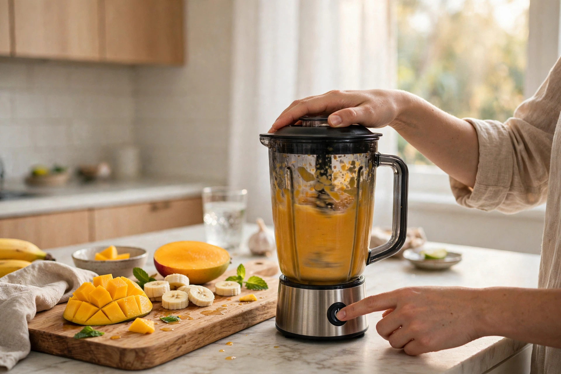 Vận hành máy ở công suất tối đa: kiểm tra độ ồn và khả năng xay nhuyễn khi xay sinh tố xoài (Ảnh minh họa)