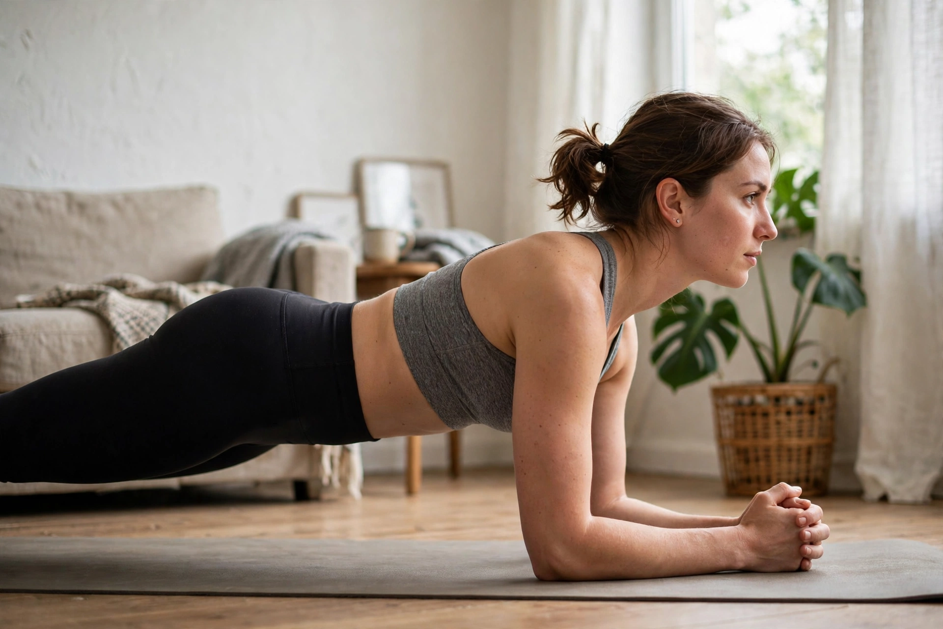 Người tập plank cẳng tay đúng tư thế trên thảm tại nhà
